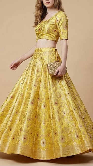 Yellow Pure Banarasi Brocade Fabric With All Over Thread And Golden Zari Handloom 19255
