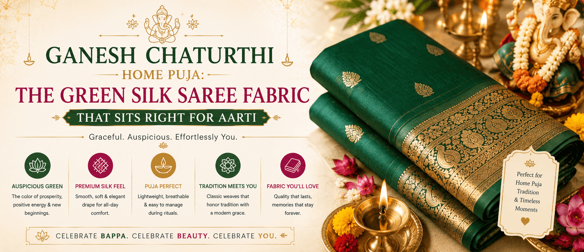 Ganesh Chaturthi Home Puja: The Green Silk Saree Fabric That Sits Right for Aarti