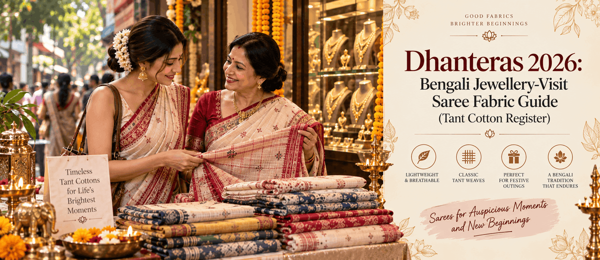Dhanteras 2026: Bengali CR Park Jewellery-Visit Saree Fabric Guide (Tant Cotton Register)