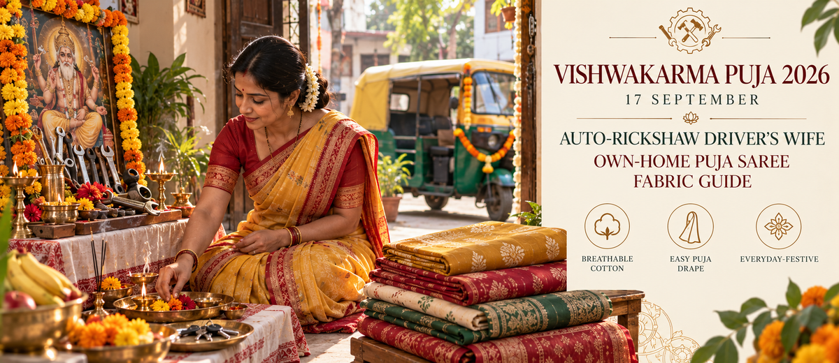 Vishwakarma Puja Today (17 September 2026): The Auto-Rickshaw Driver's Wife Own-Home Puja Saree Fabric Guide