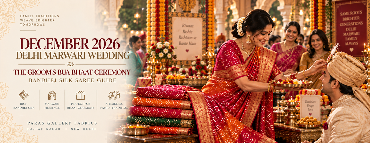 December 2026 Delhi Marwari Wedding: The Groom's Bua Bhaat Ceremony Bandhej Silk Saree Guide