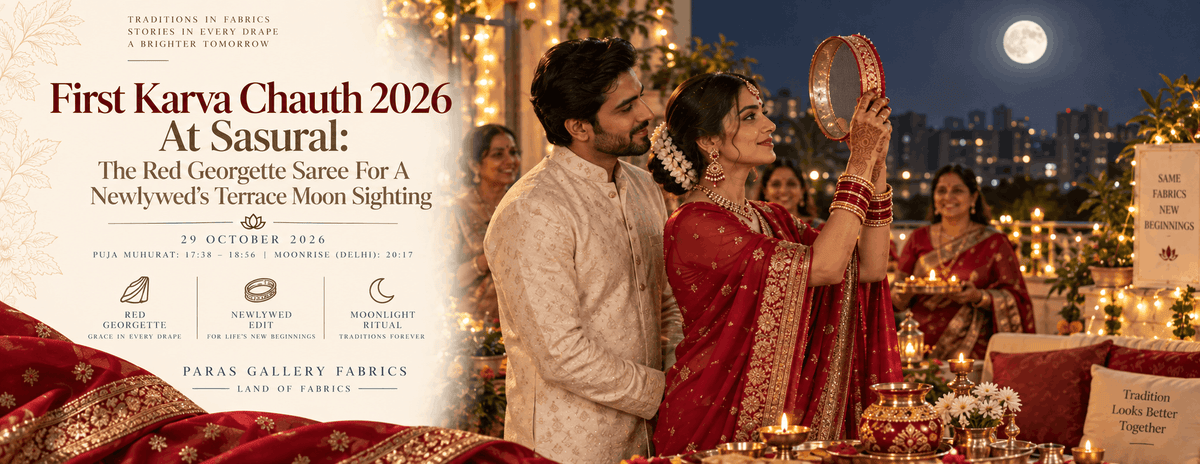 First Karva Chauth 2026 At Sasural: The Red Georgette Saree For A Newlywed's Terrace Moon Sighting (30 October 2026)