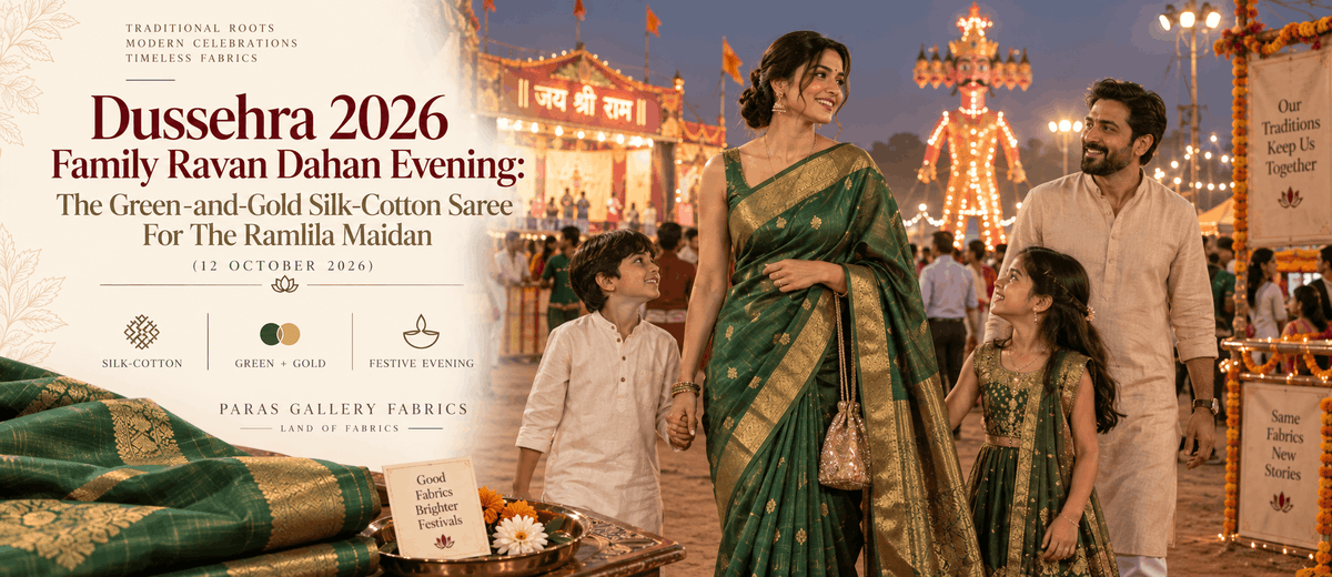 Emerald-green-silk-cotton-saree-with-gold-zari-border-for-a-Dussehra-Ramlila-maidan-family-evening-in-Delhi