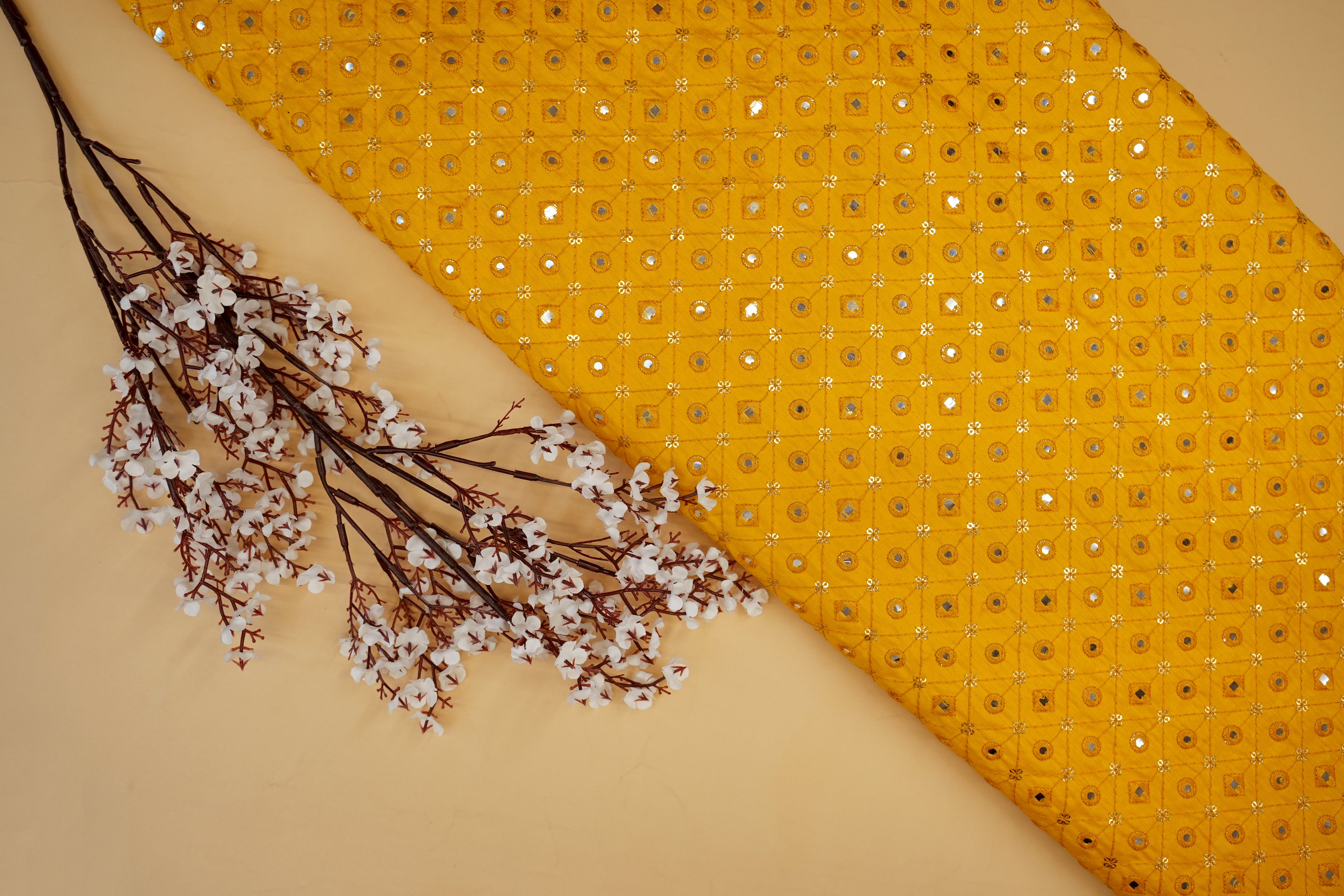 Yellow Silk dupion with Thread, Sequins & Mirror Abstract Elegance