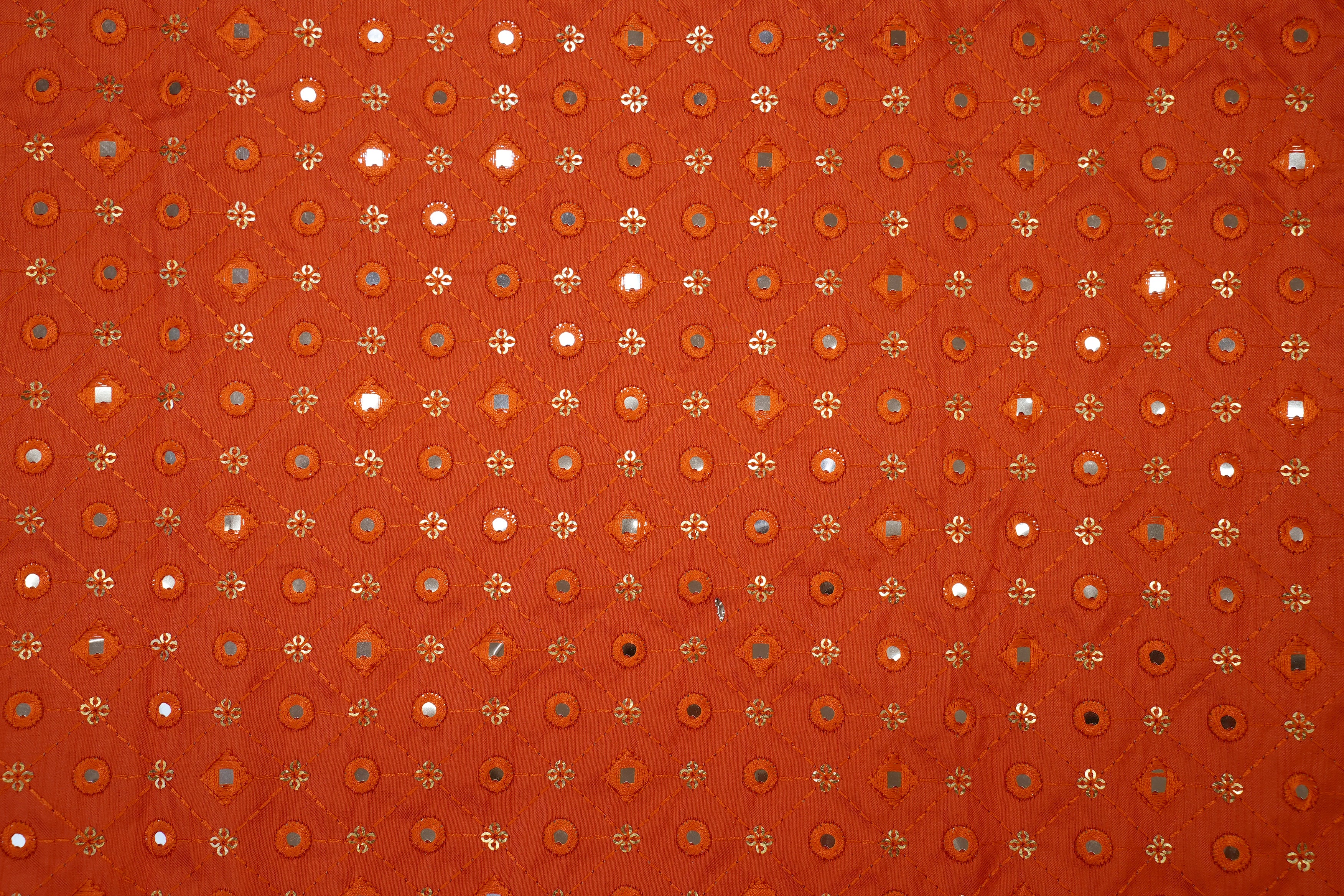 Orange Silk dupion with Thread, Sequins & Mirror Abstract Elegance