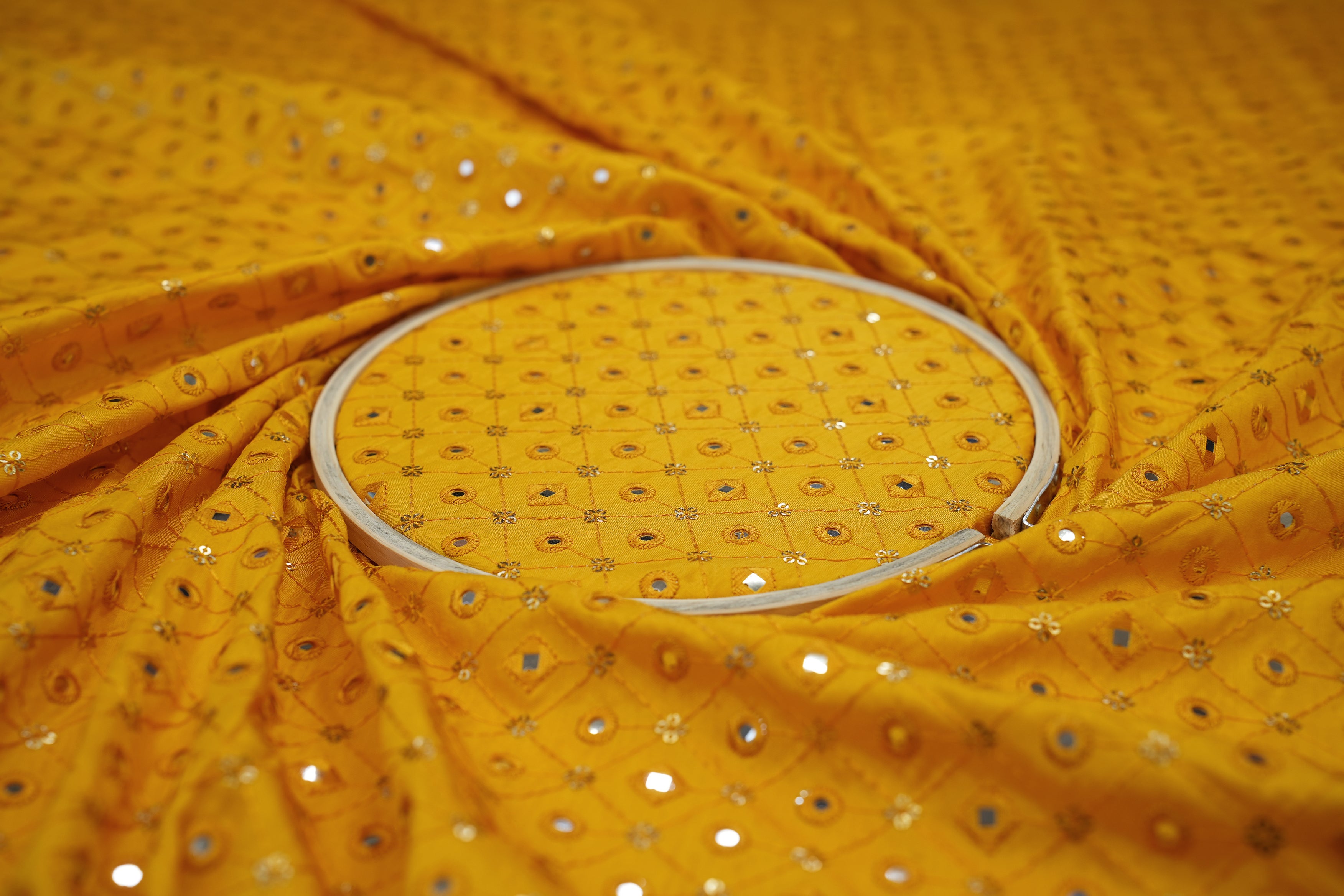 Yellow Silk dupoin with Thread, Sequins & Mirror Abstract Elegance