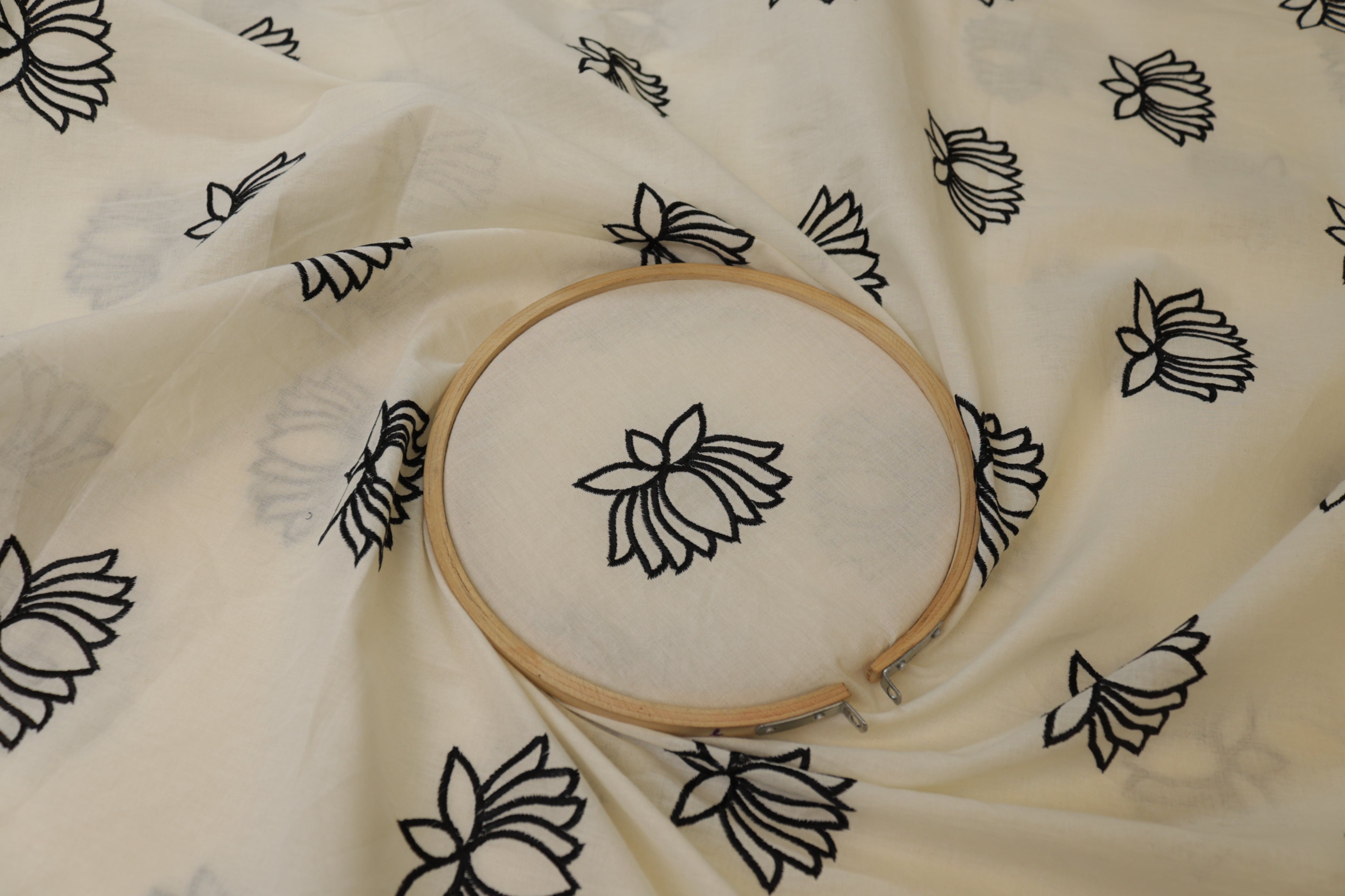 Black Floral pattern thread all over work on cotton fabric