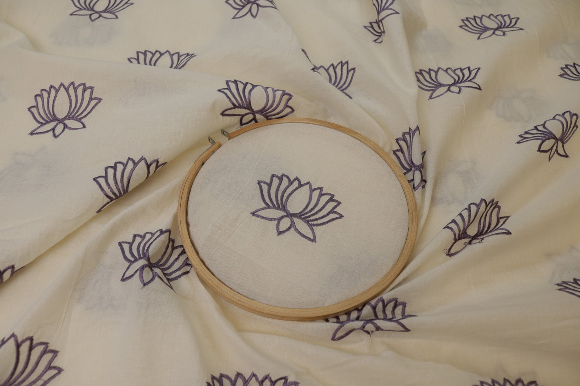 Light voilet Floral pattern thread all over work on cotton fabric