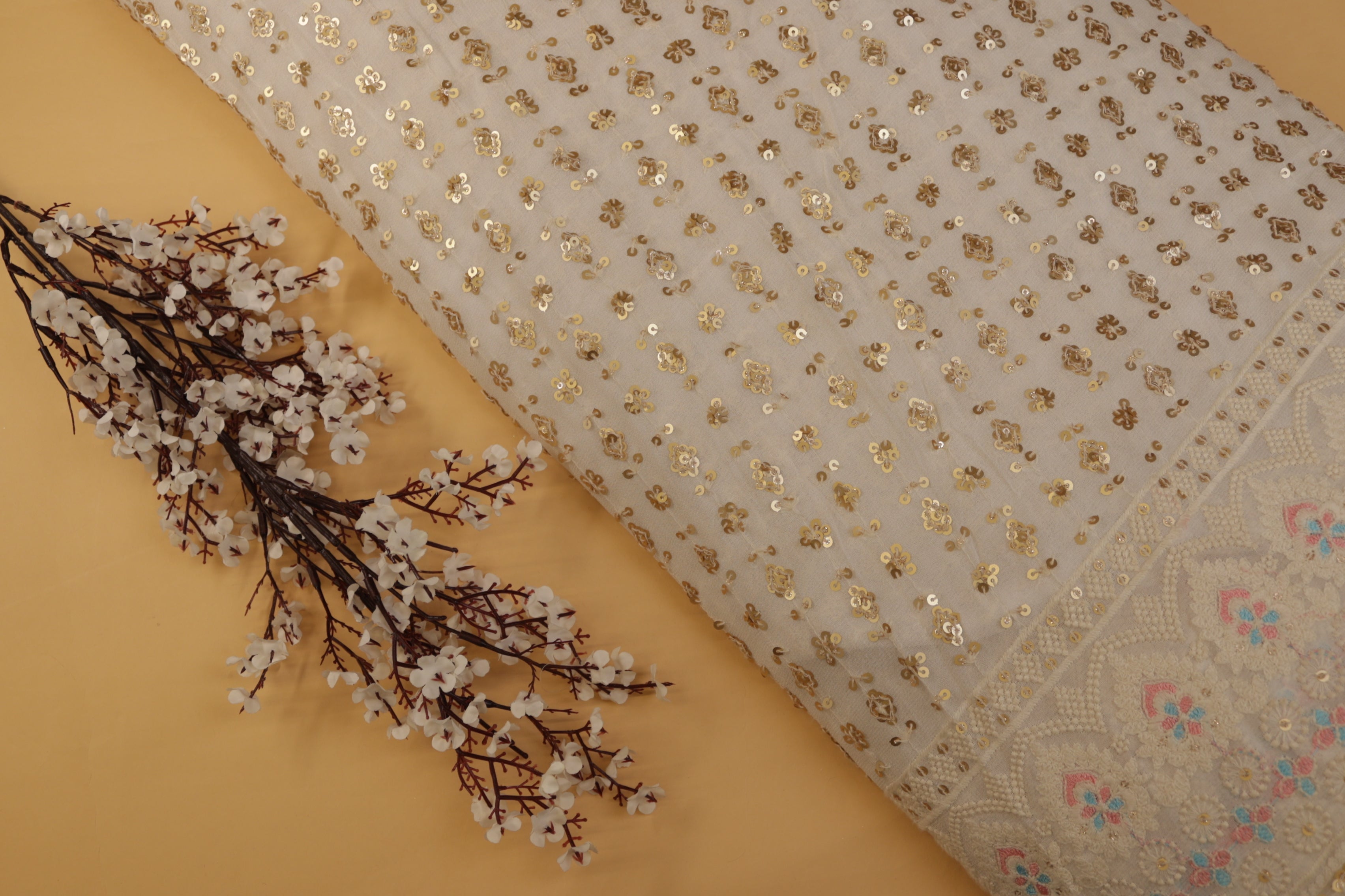 Golden Sequins With Multi-Colour Thread Work Embroidered Georgette Fabric With Border