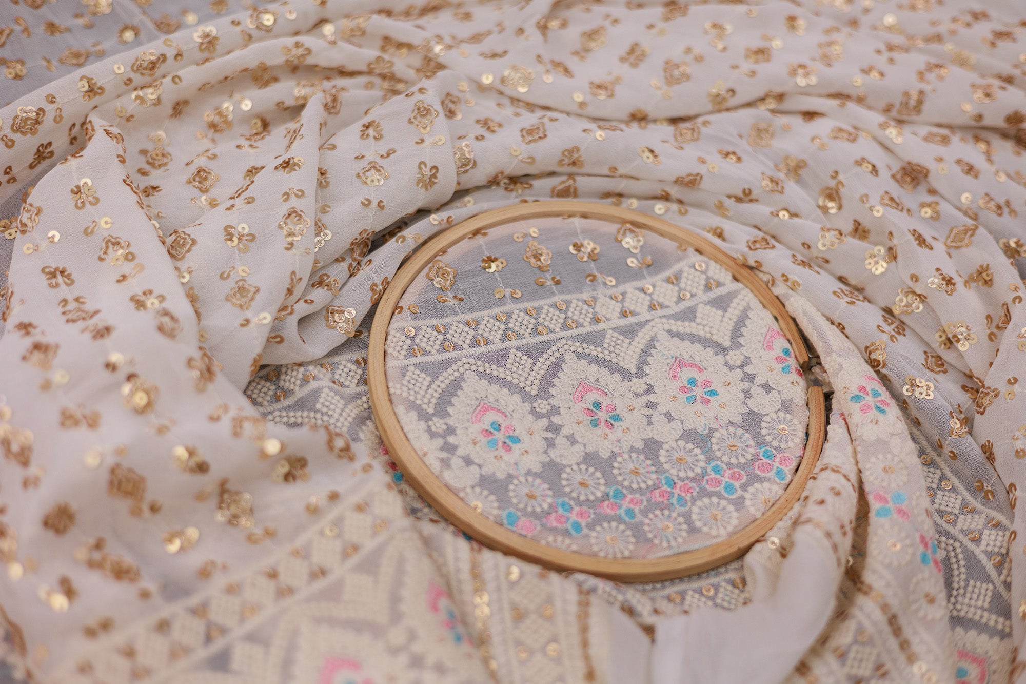 Golden Sequins With Multi-Colour Thread Work Embroidered Georgette Fabric With Border