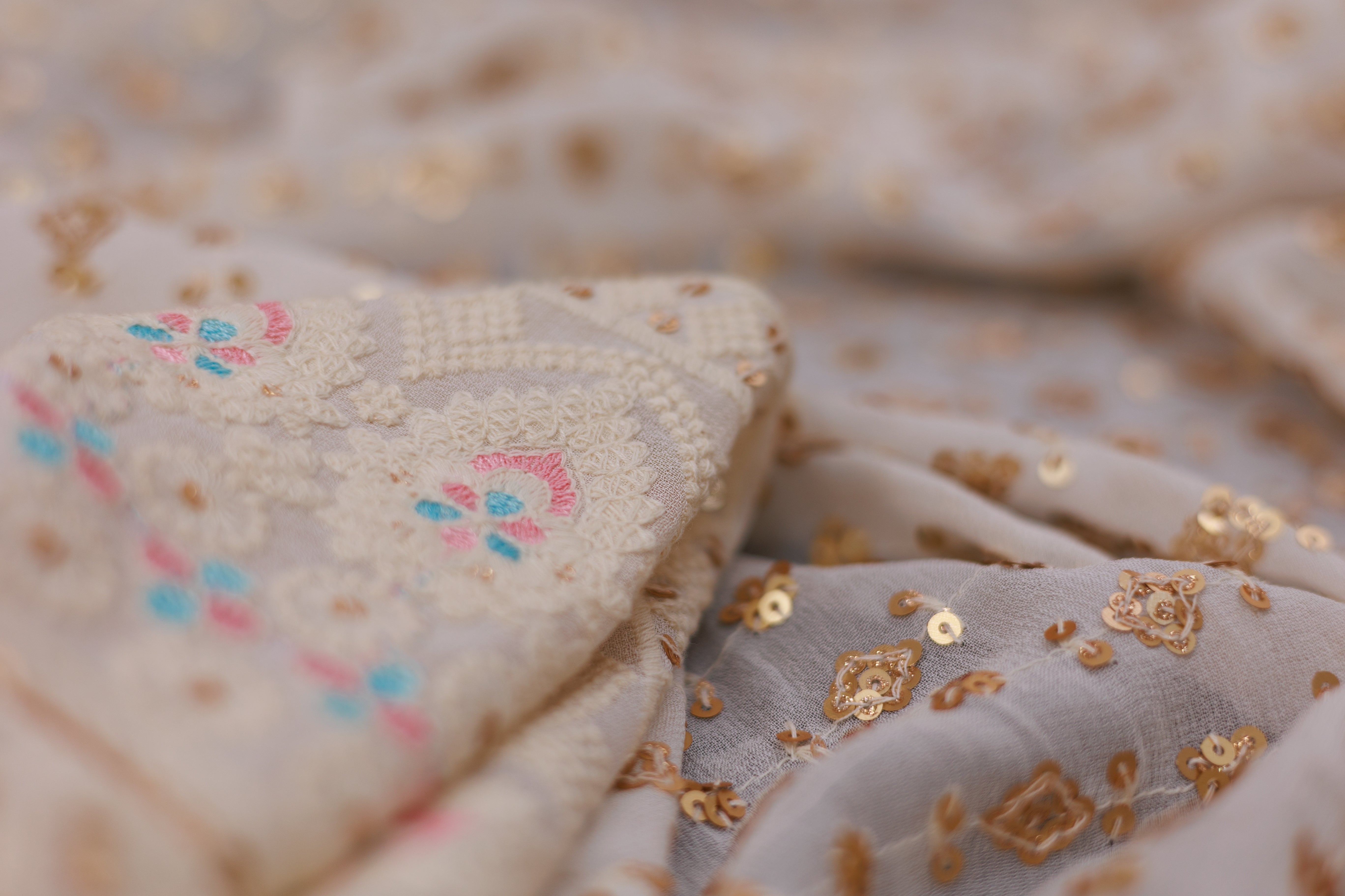 Golden Sequins With Multi-Colour Thread Work Embroidered Georgette Fabric With Border