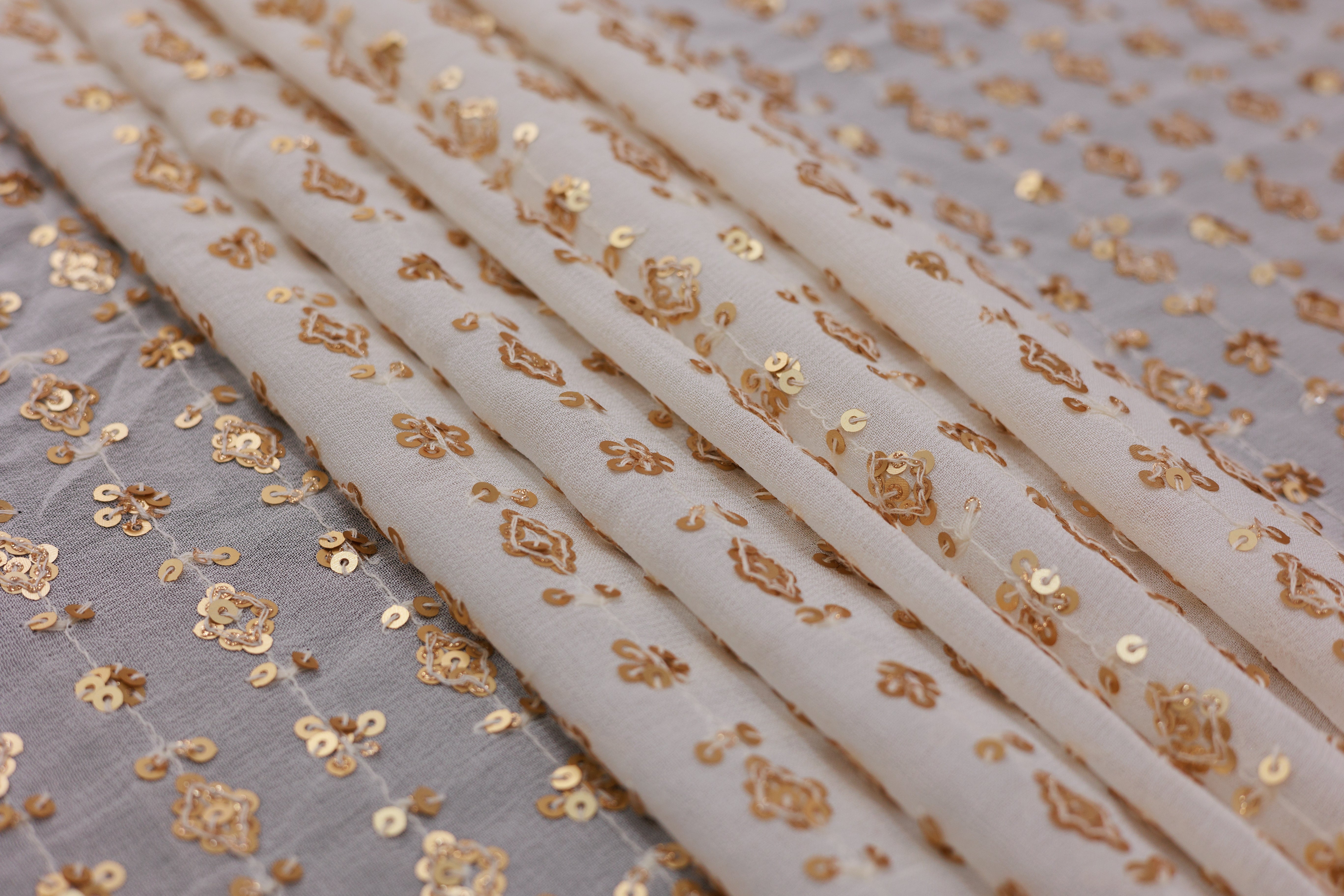 Golden Sequins With Multi-Colour Thread Work Embroidered Georgette Fabric With Border