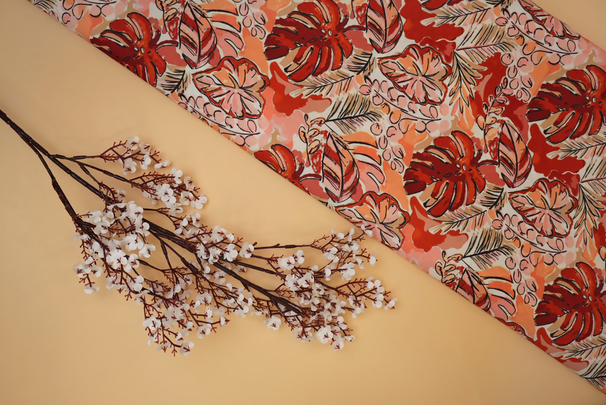 Orange Floral Digital Printed Crepe Fabric