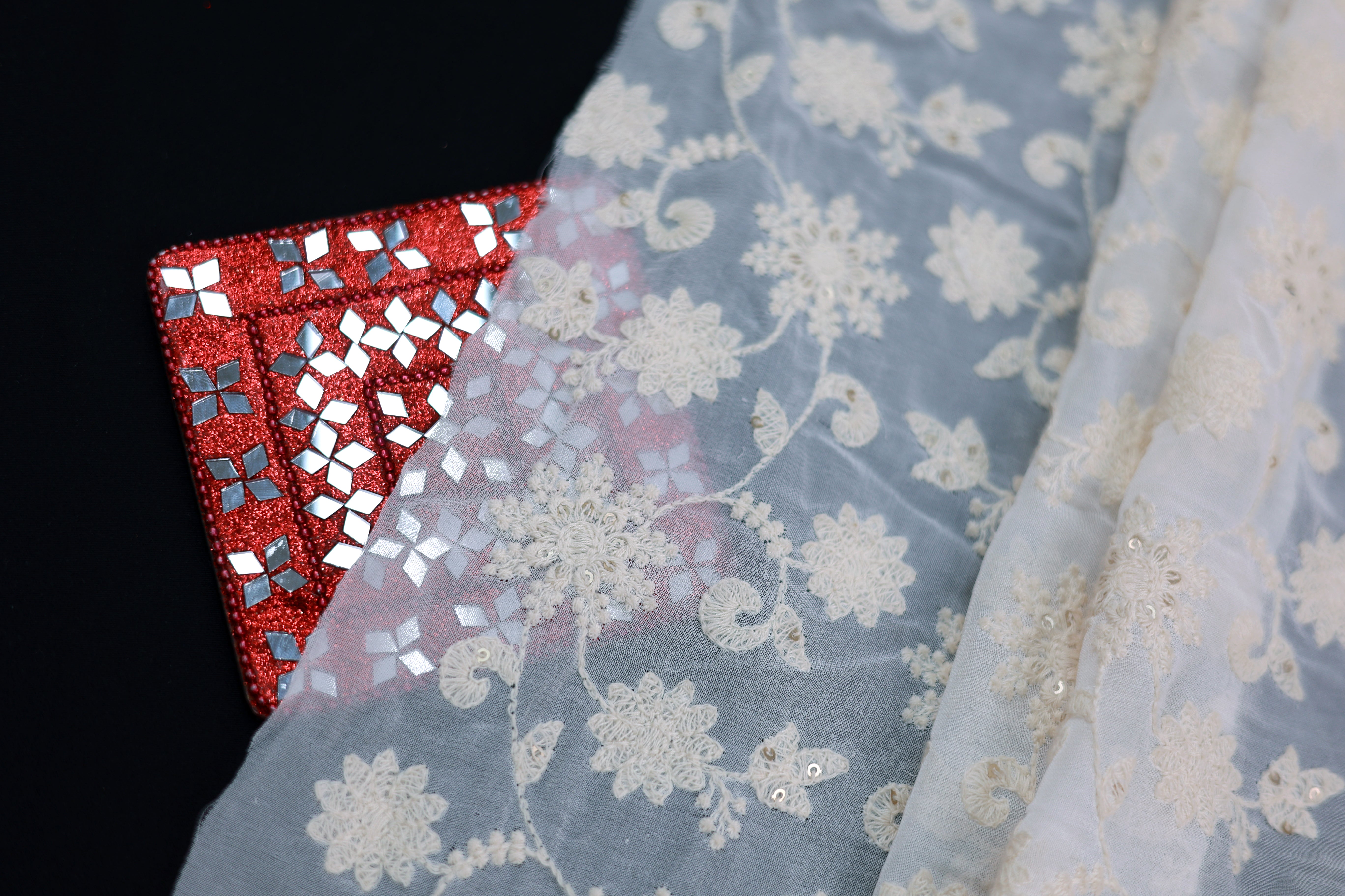 Floral Pattern White Thread Work With Glitter Sequins & Cut Work Soft Georgette Fabric