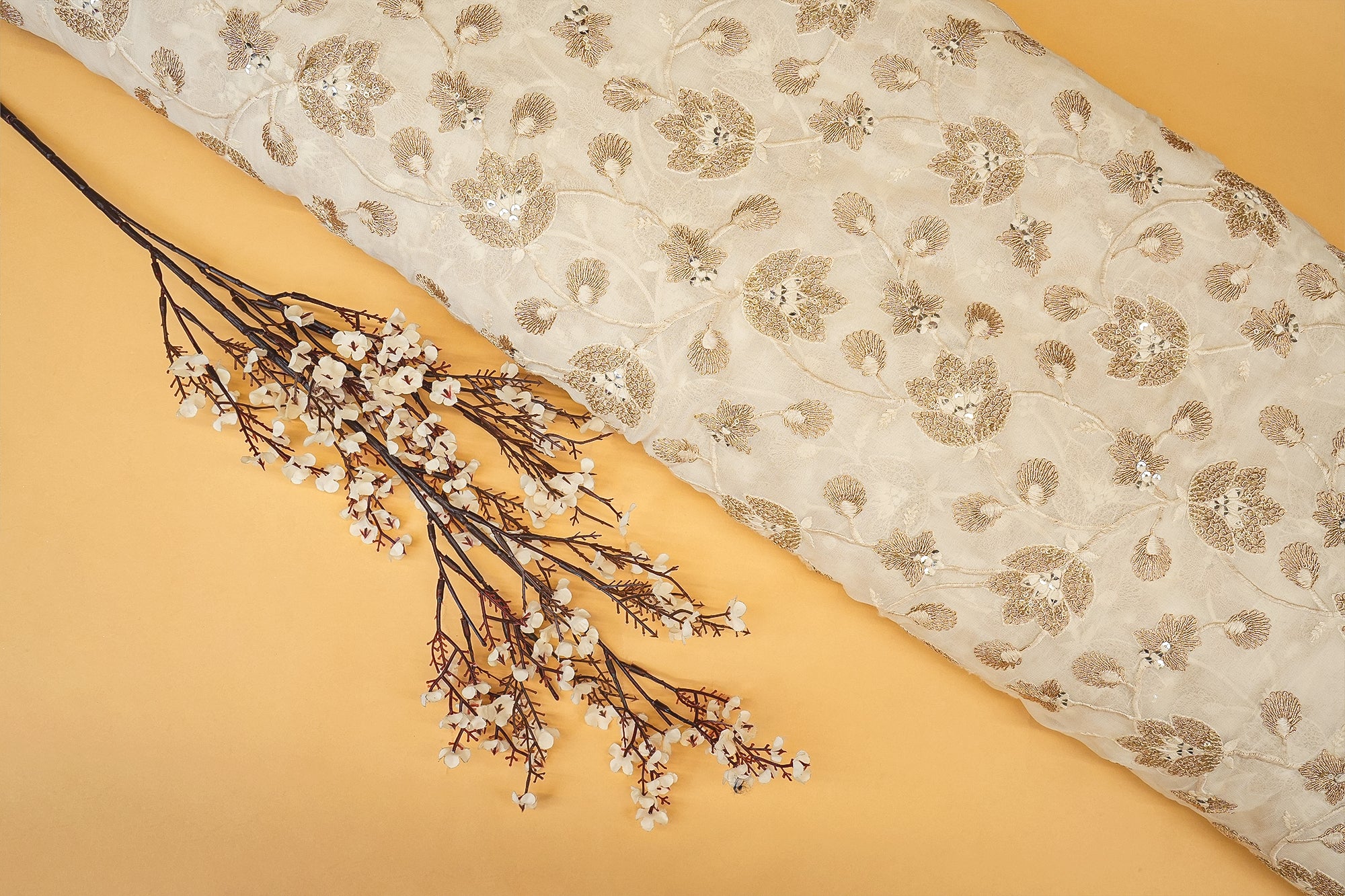 White Georgette with Golden Sequin Floral Elegance