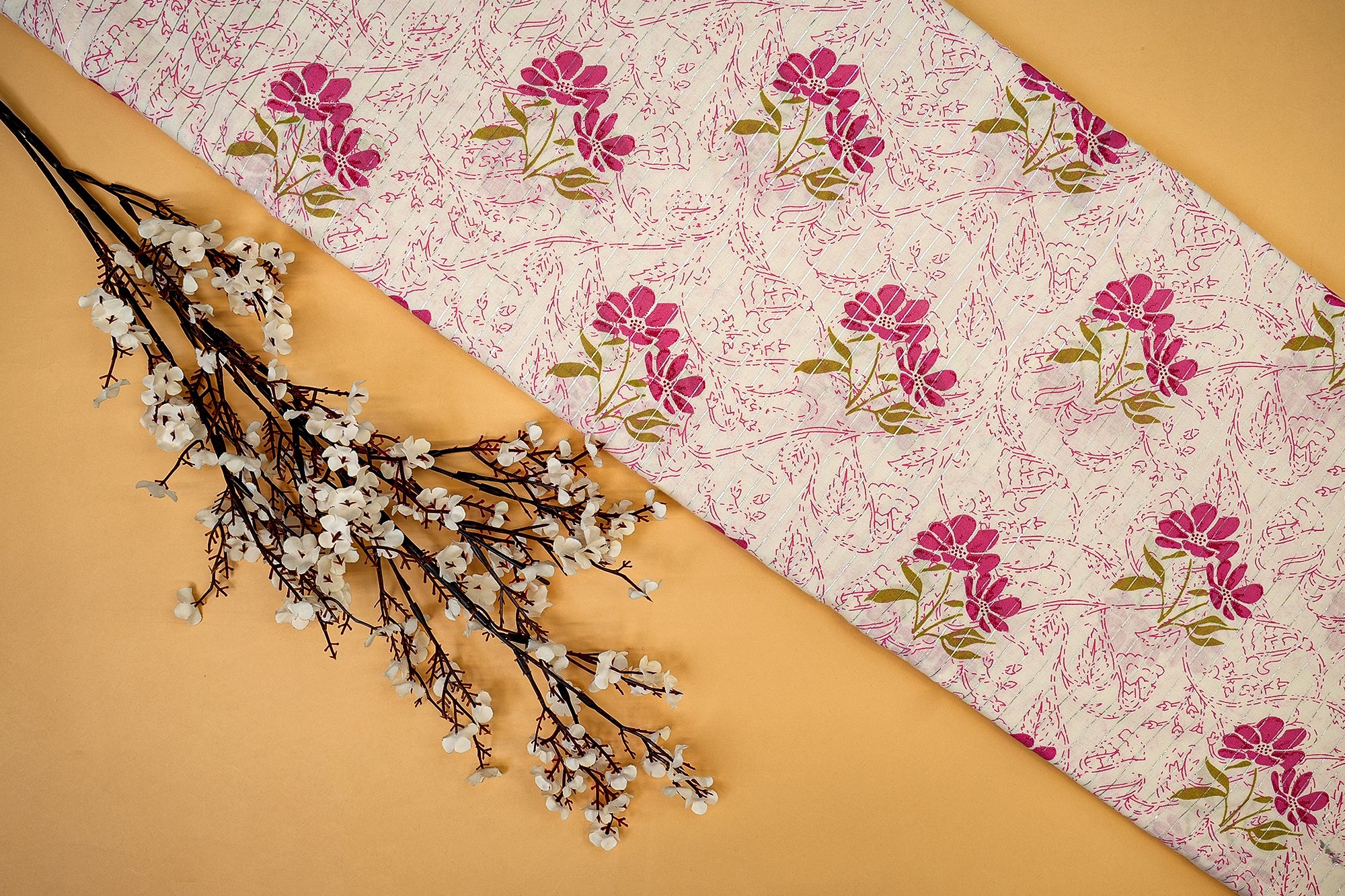 White Cotton Fabric with Pink Floral Charm