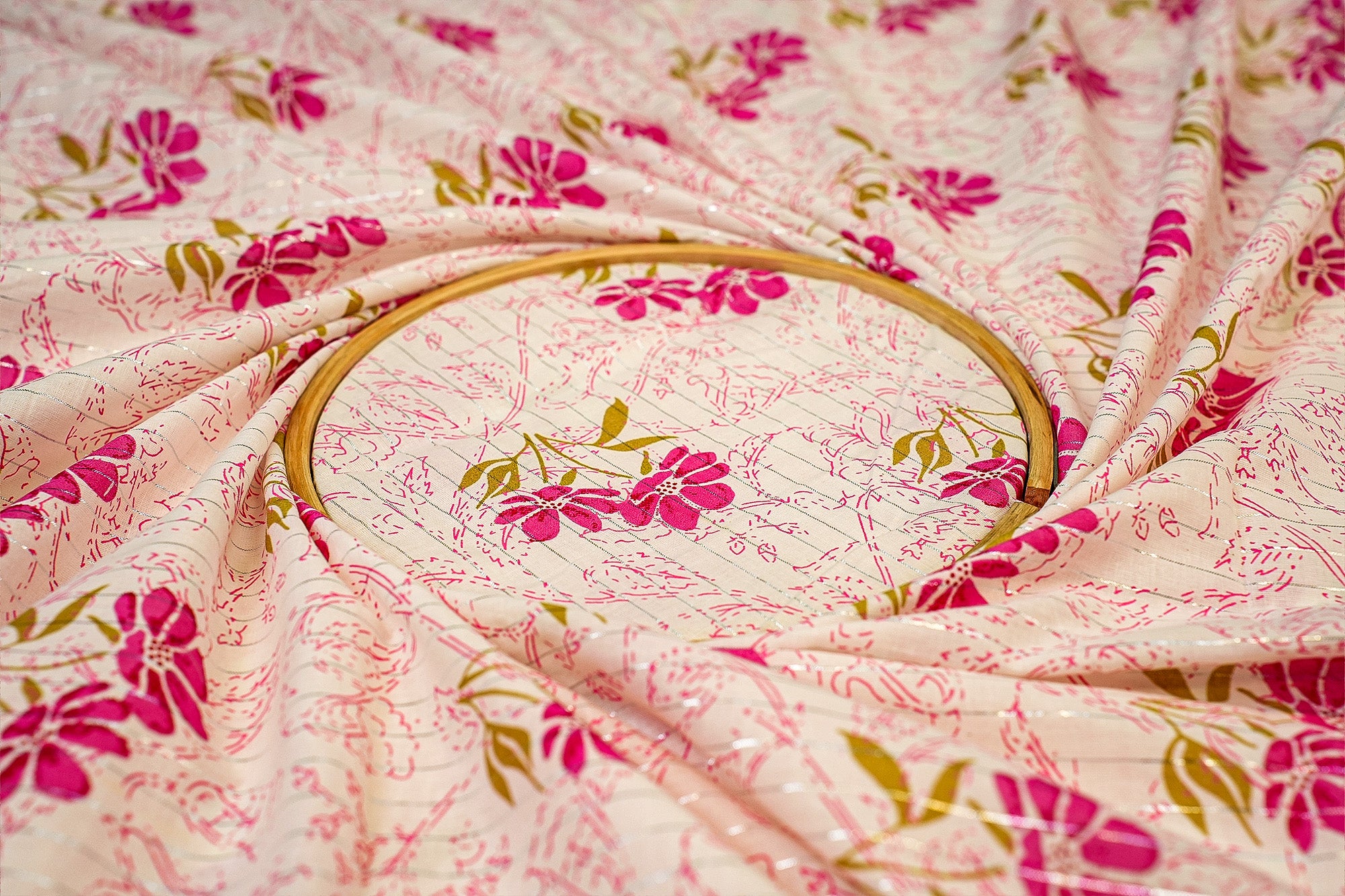 White Cotton Fabric with Pink Floral Charm