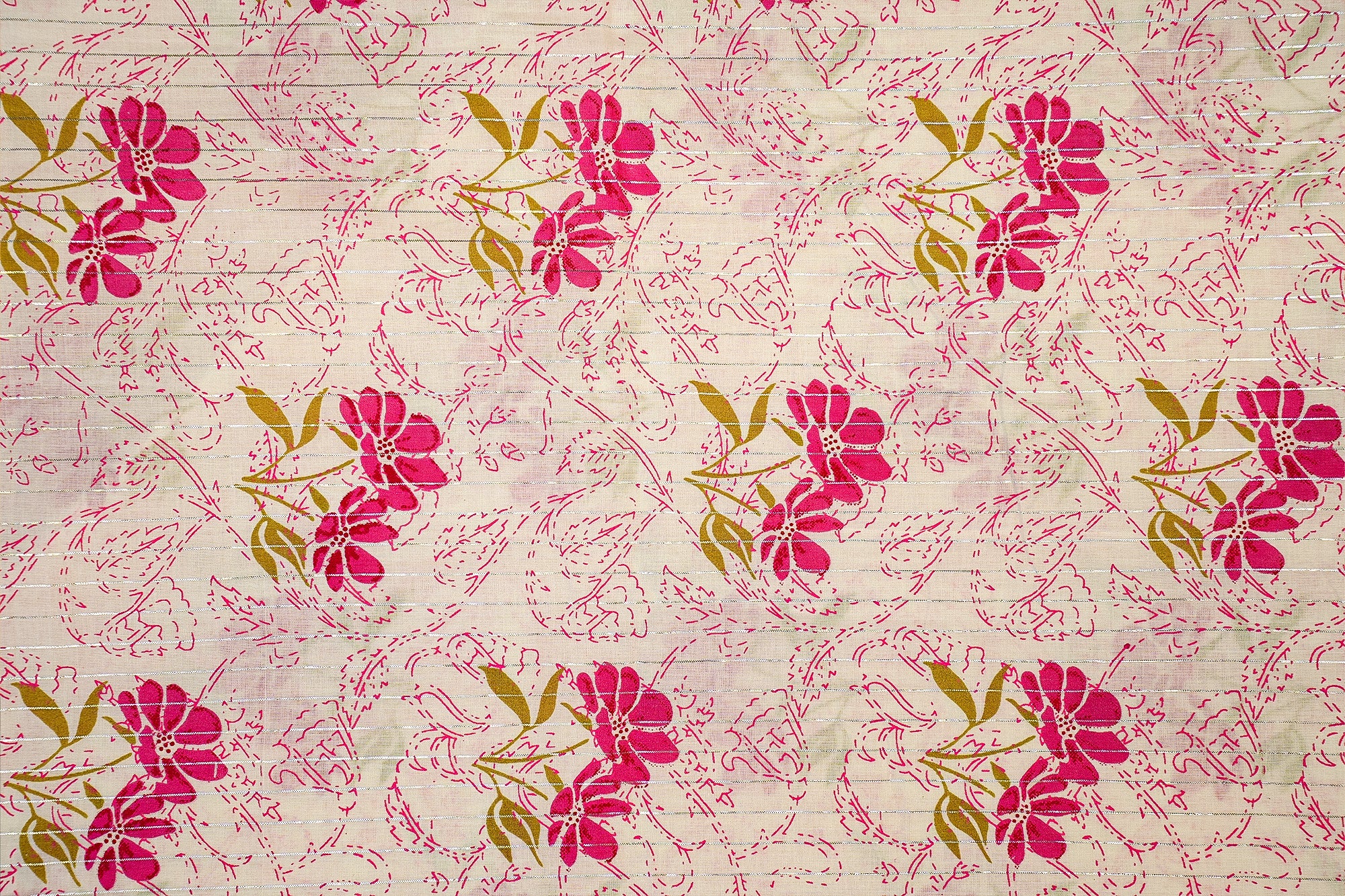 White Cotton Fabric with Pink Floral Charm