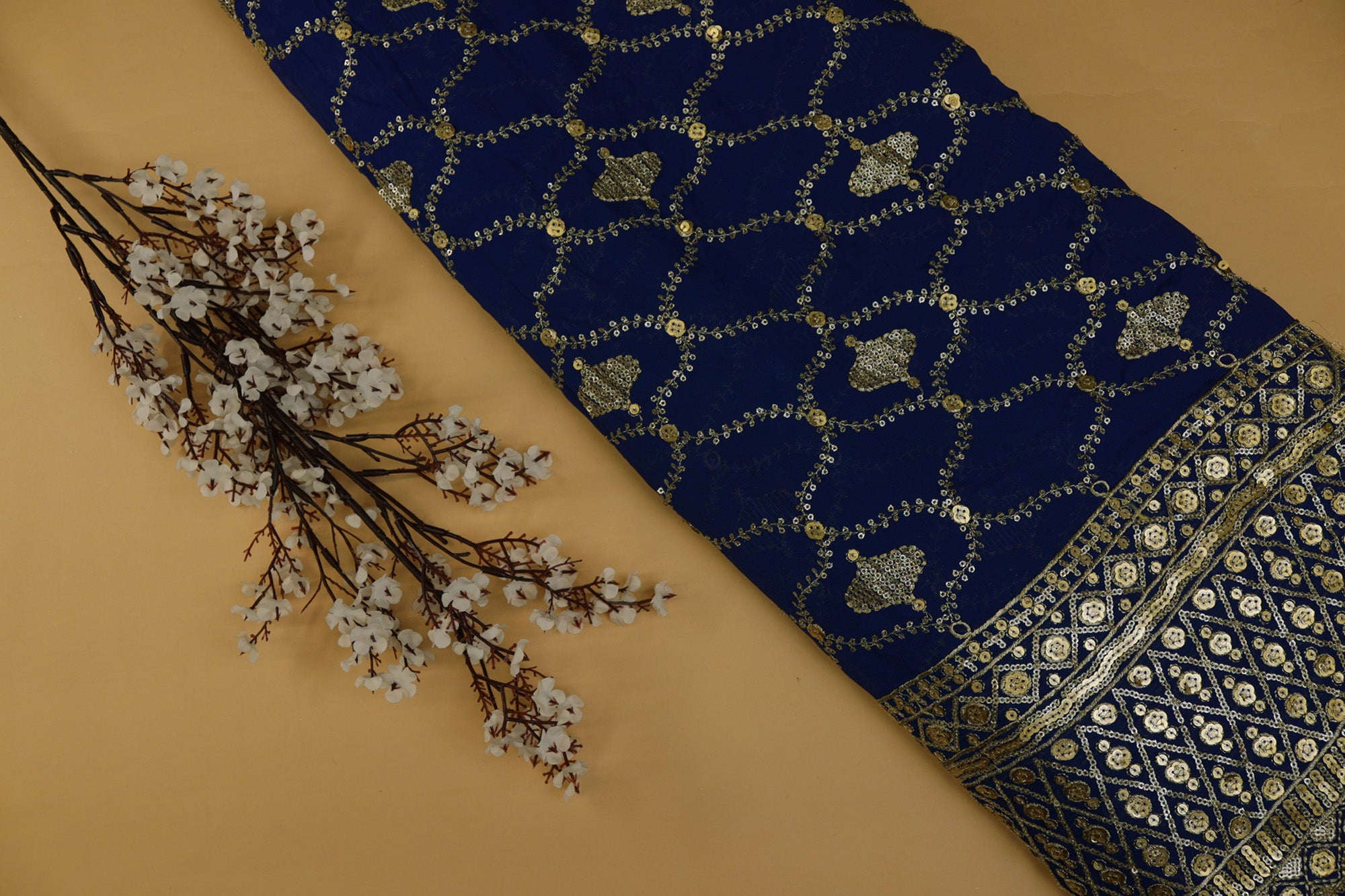 Royal Blue Gilded Abstract Georgette with Golden Zari & Sequins