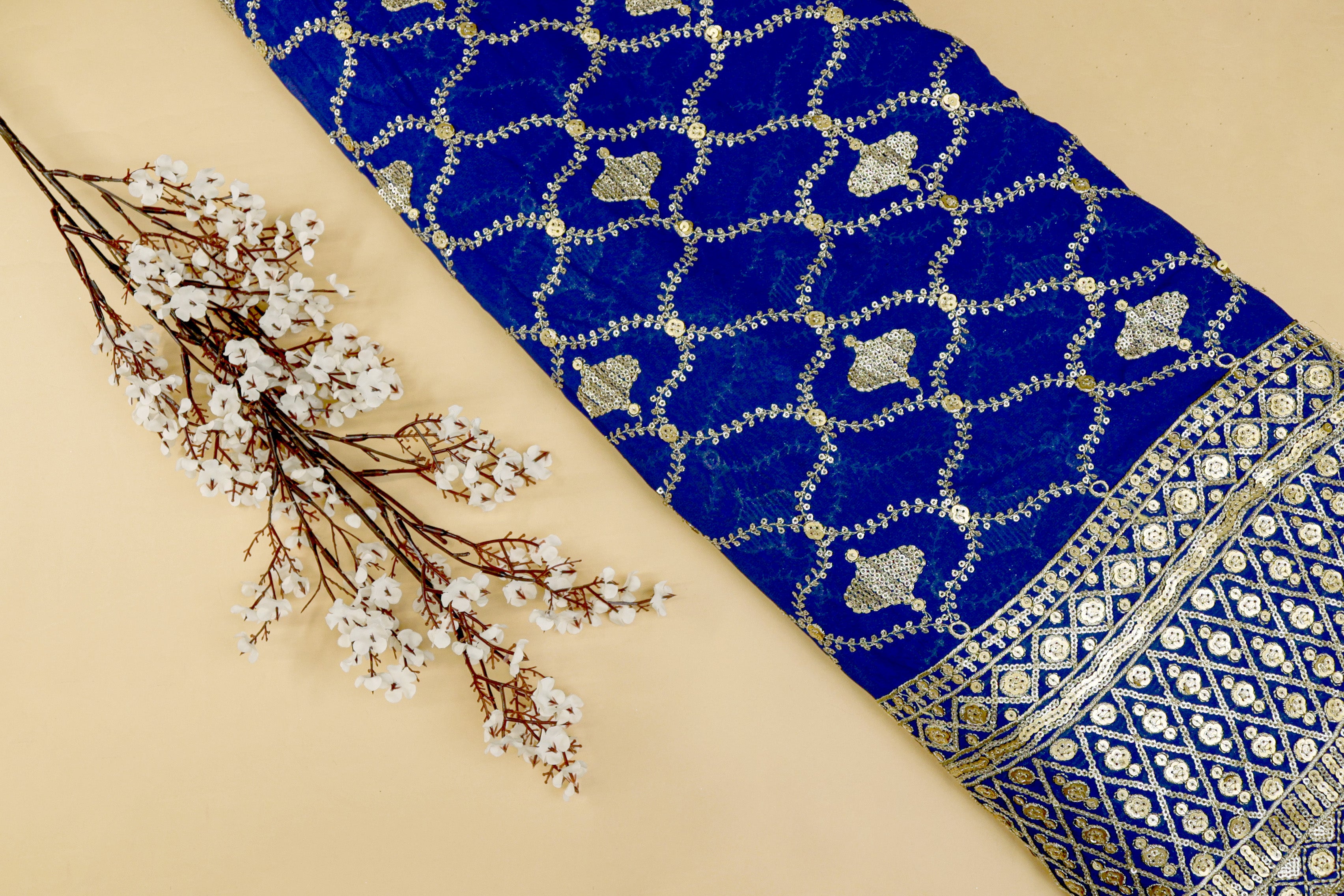 Royal Blue Gilded Abstract Georgette with Golden Zari & Sequins