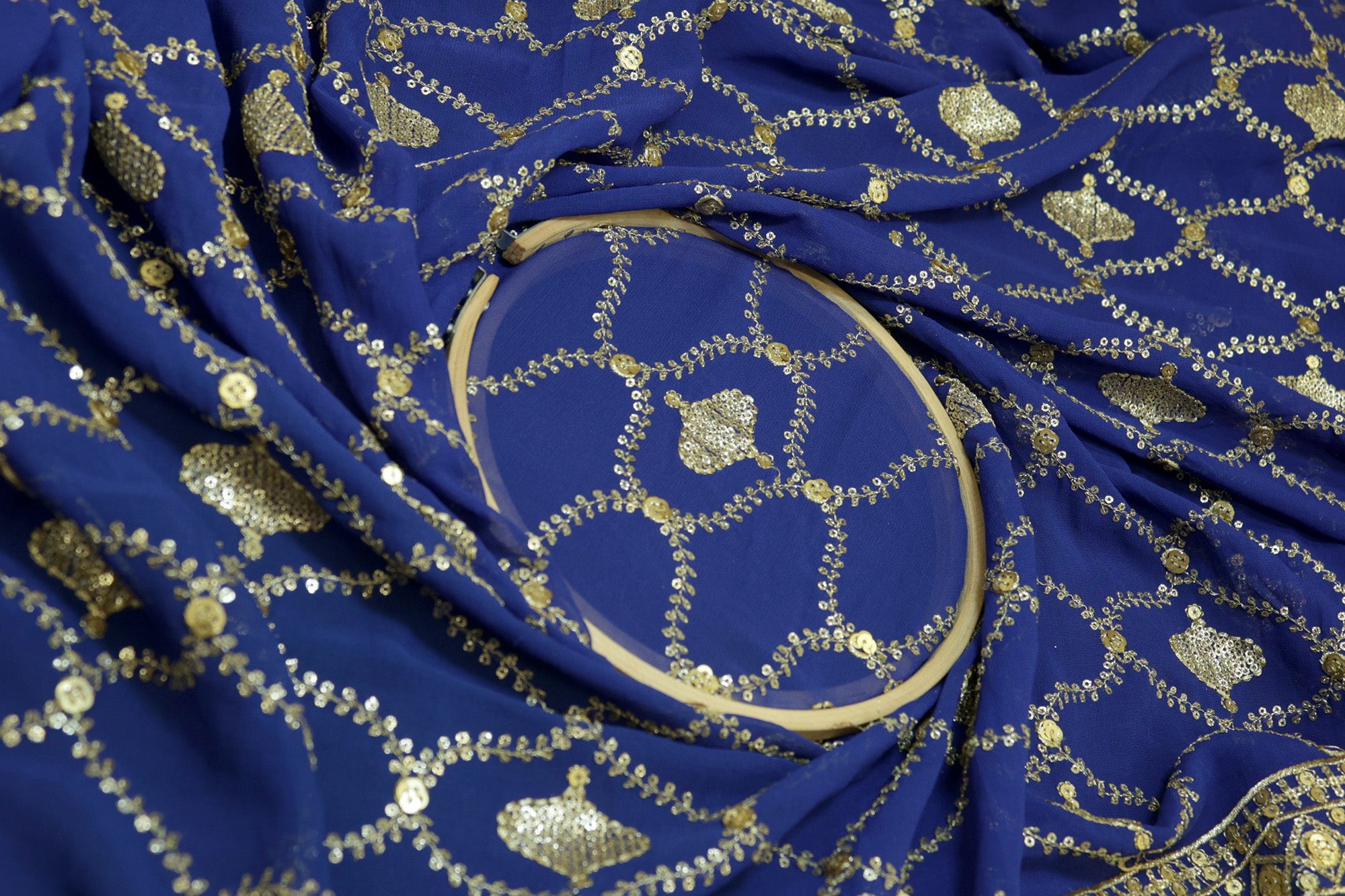 Royal Blue Gilded Abstract Georgette with Golden Zari & Sequins