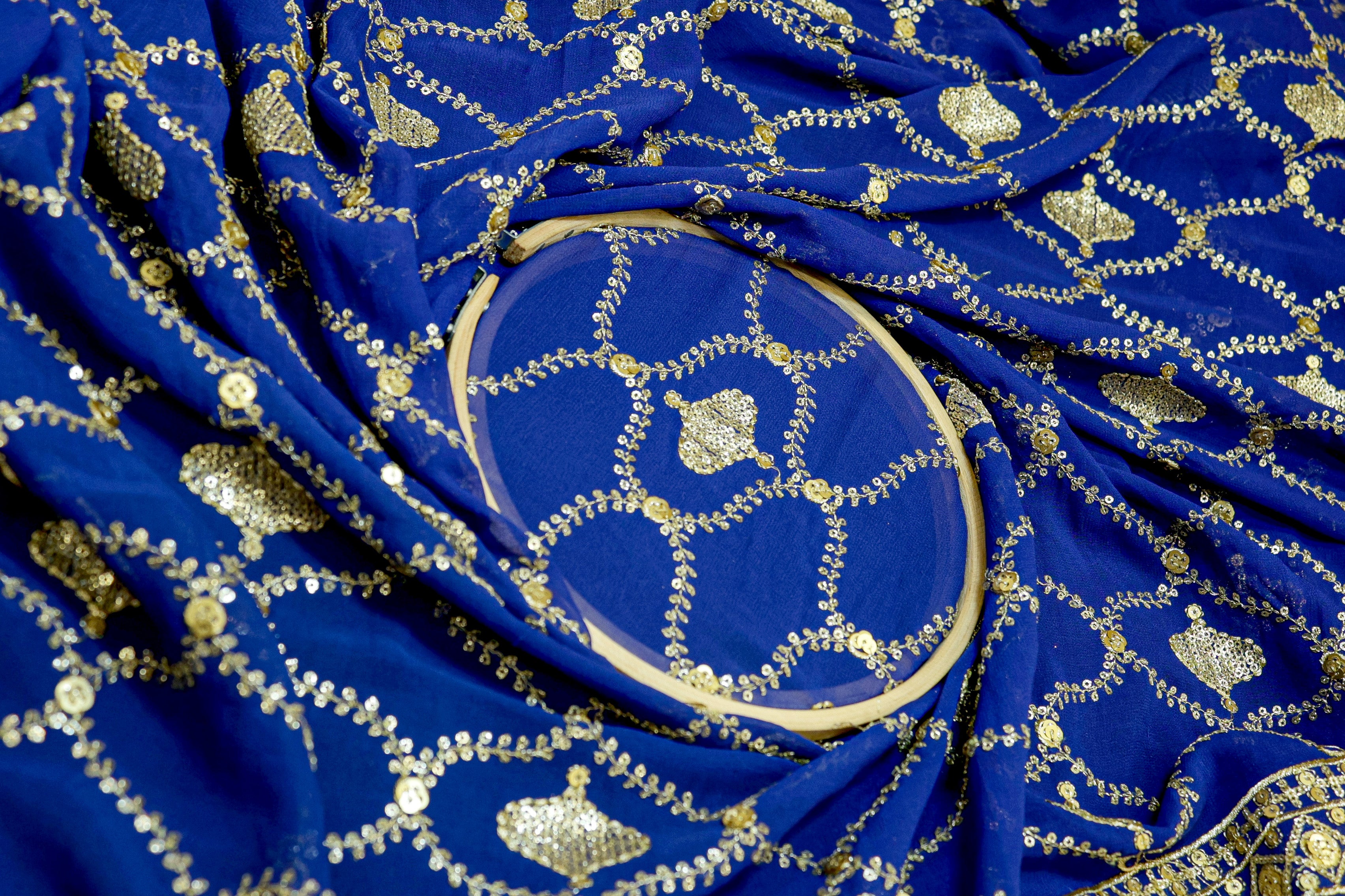 Royal Blue Gilded Abstract Georgette with Golden Zari & Sequins