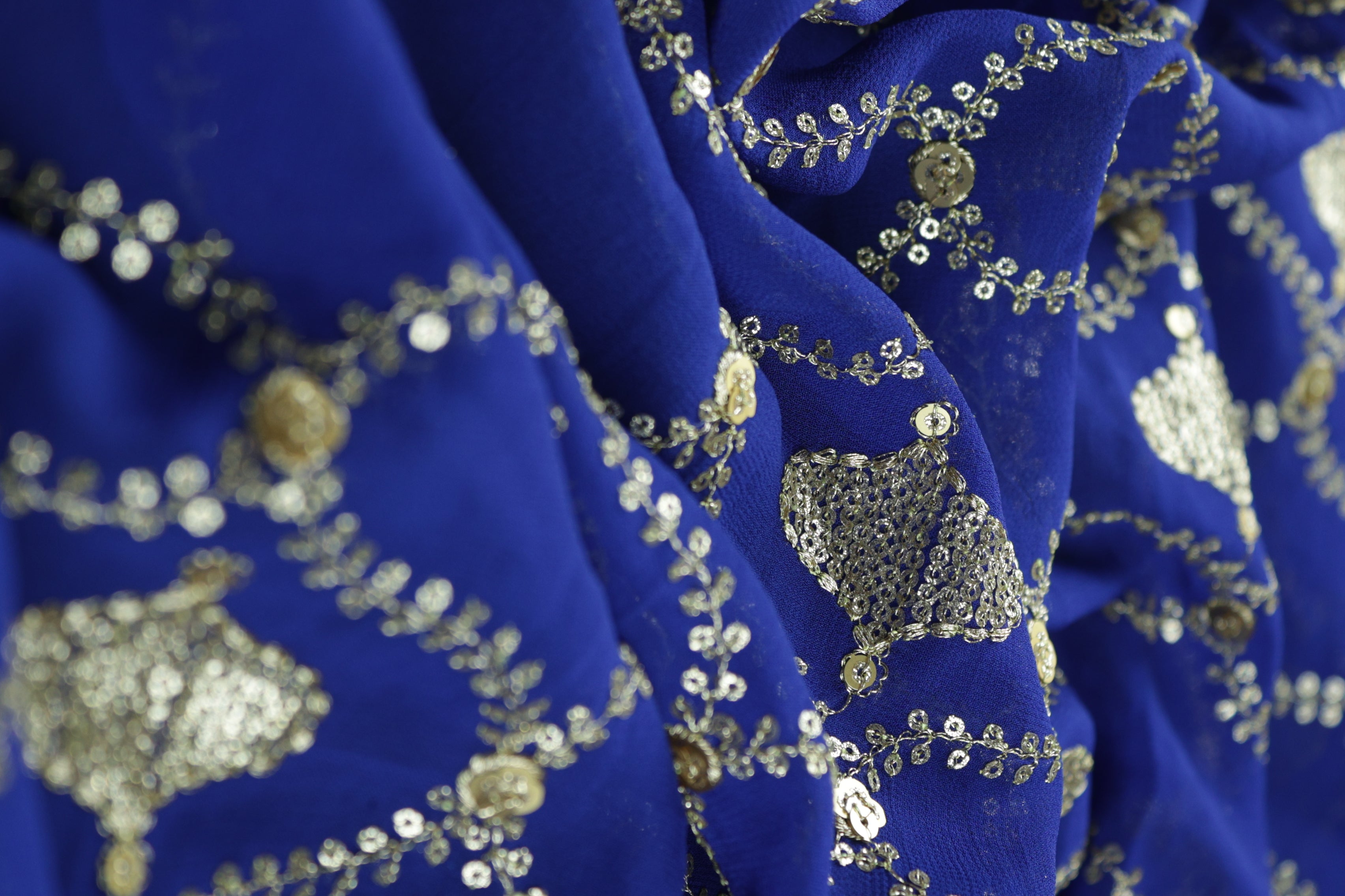 Royal Blue Gilded Abstract Georgette with Golden Zari & Sequins