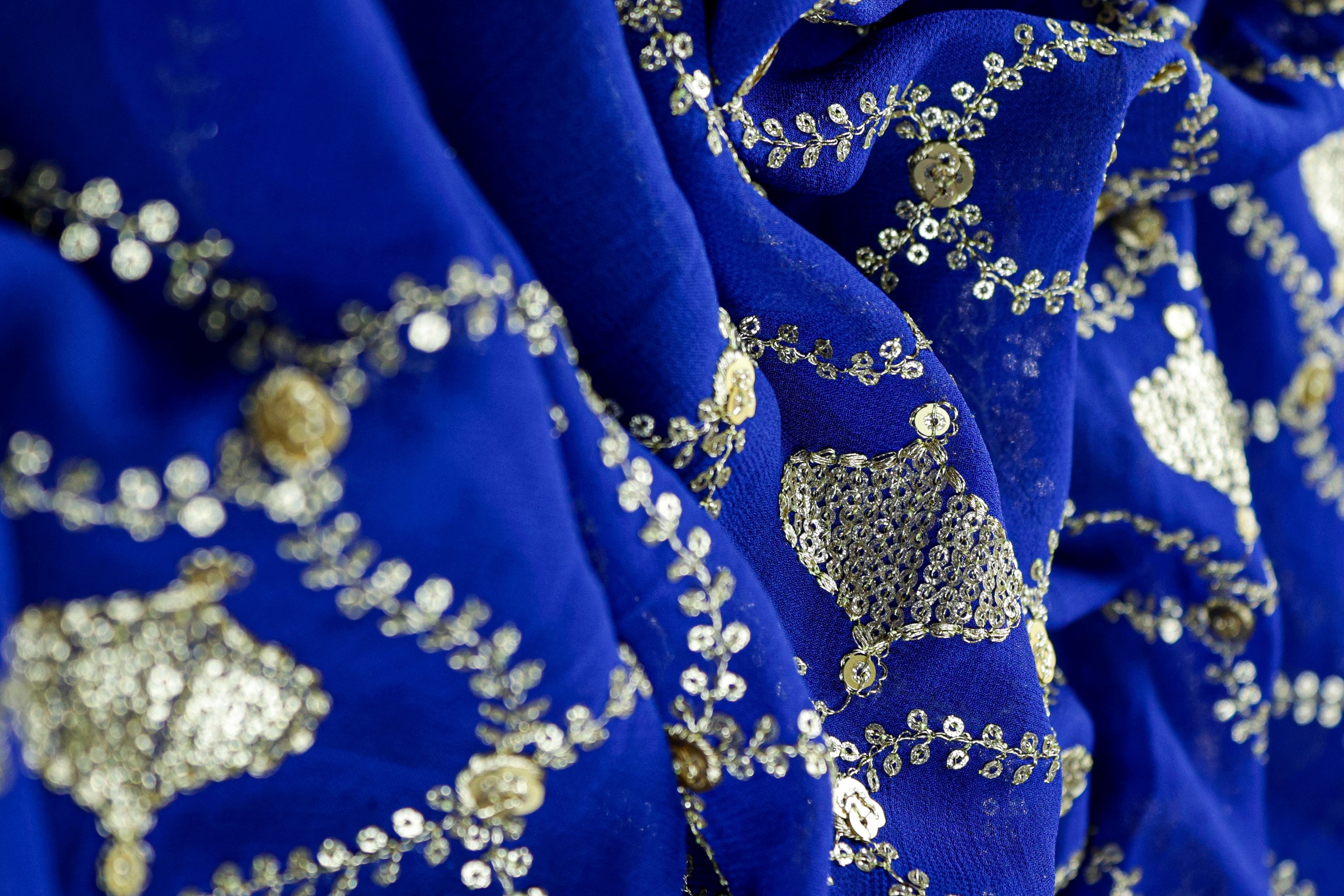 Royal Blue Gilded Abstract Georgette with Golden Zari & Sequins