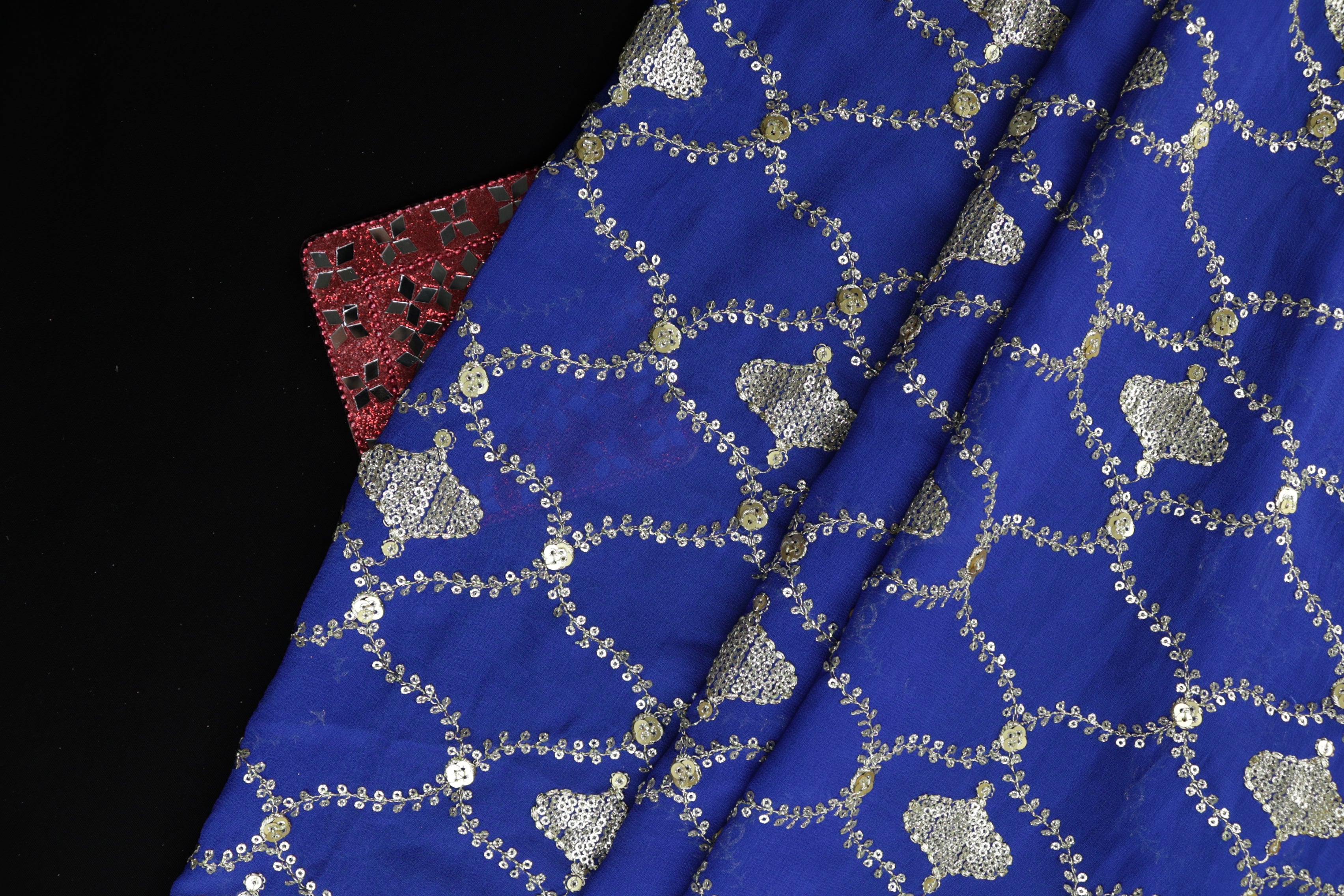 Royal Blue Gilded Abstract Georgette with Golden Zari & Sequins