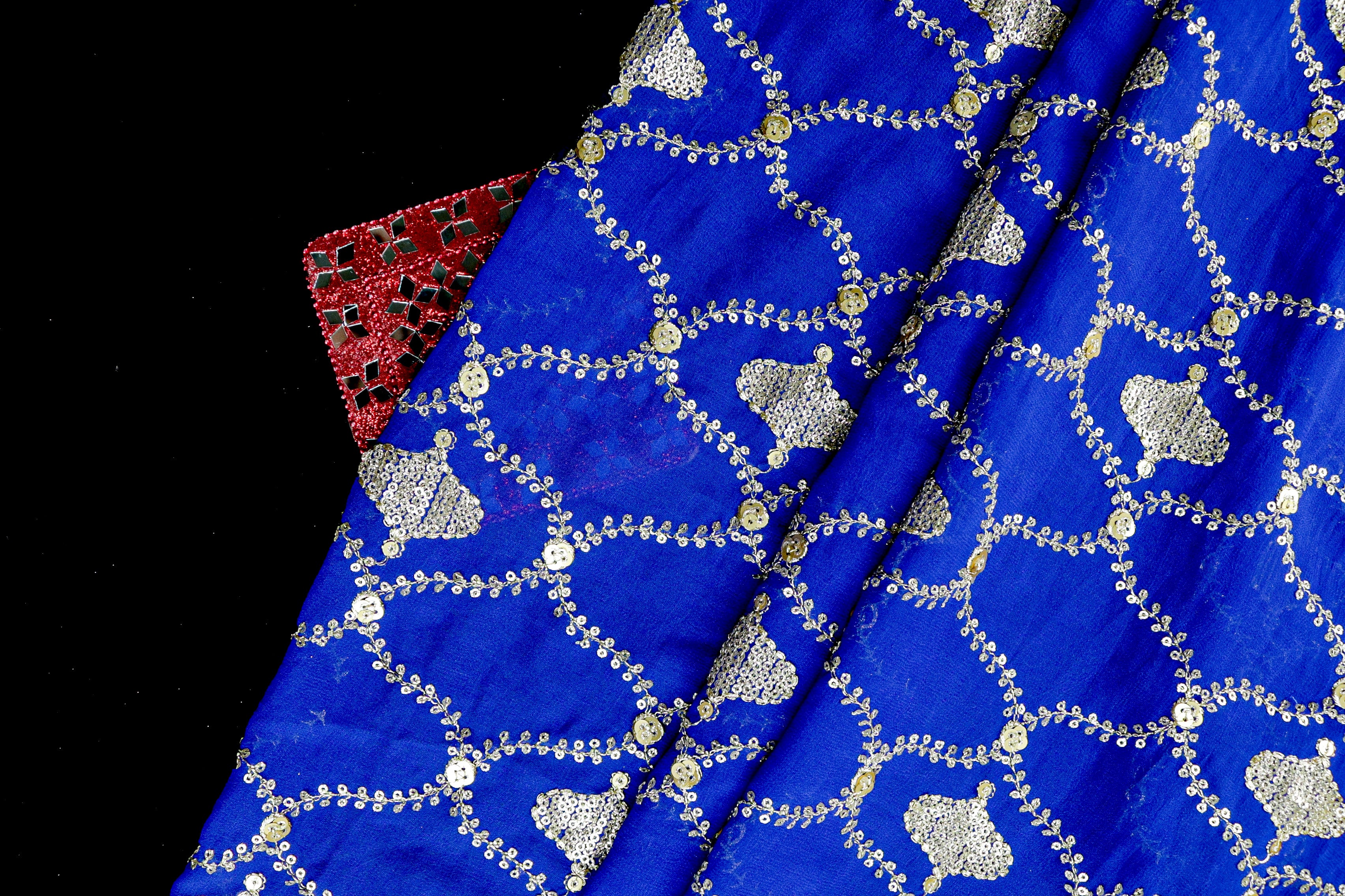 Royal Blue Gilded Abstract Georgette with Golden Zari & Sequins