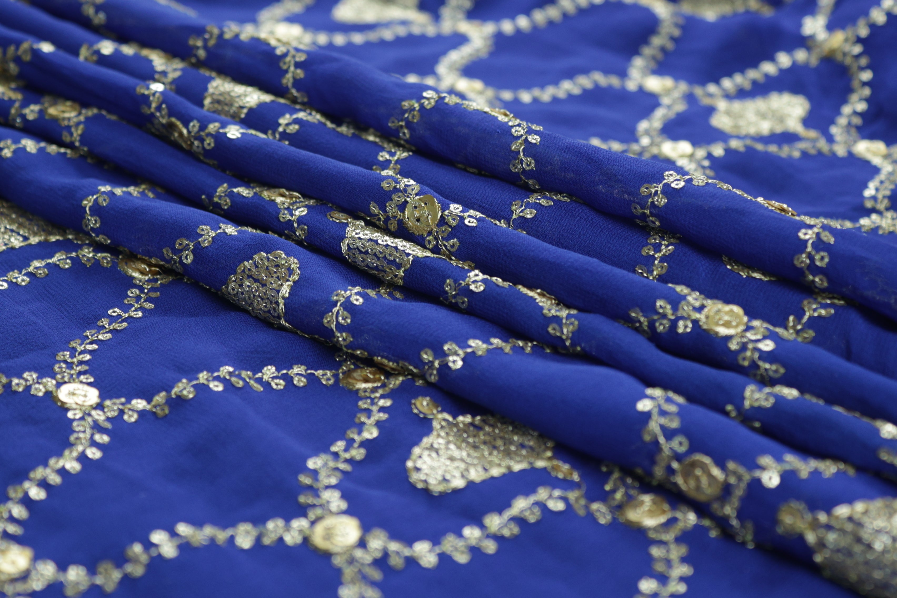 Royal Blue Gilded Abstract Georgette with Golden Zari & Sequins