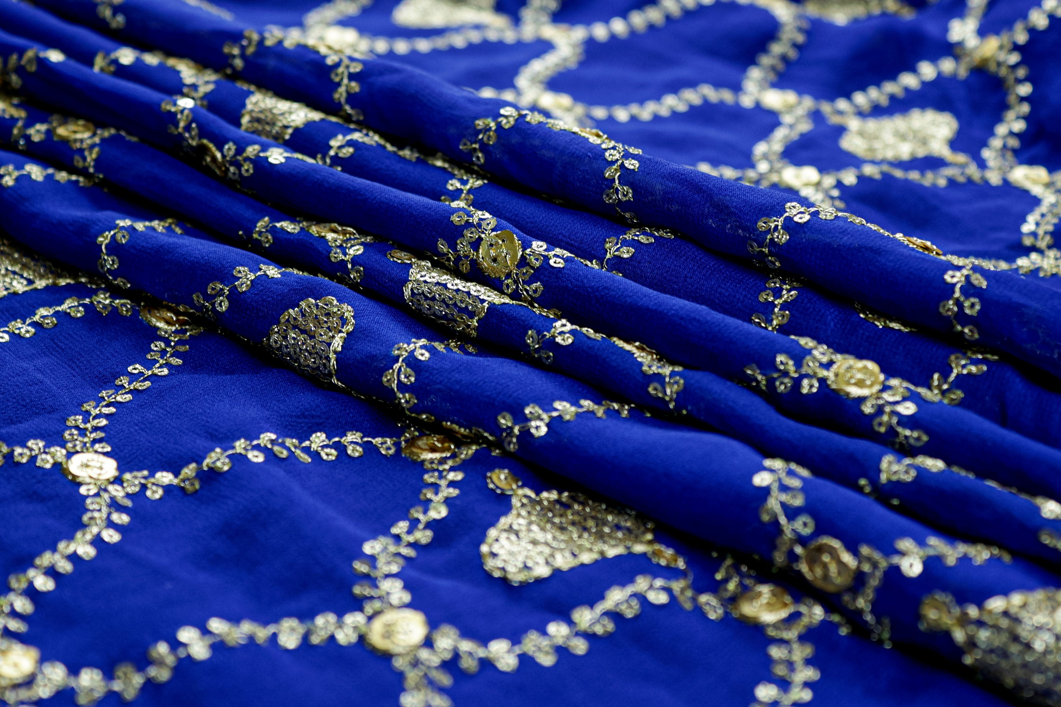 Royal Blue Gilded Abstract Georgette with Golden Zari & Sequins