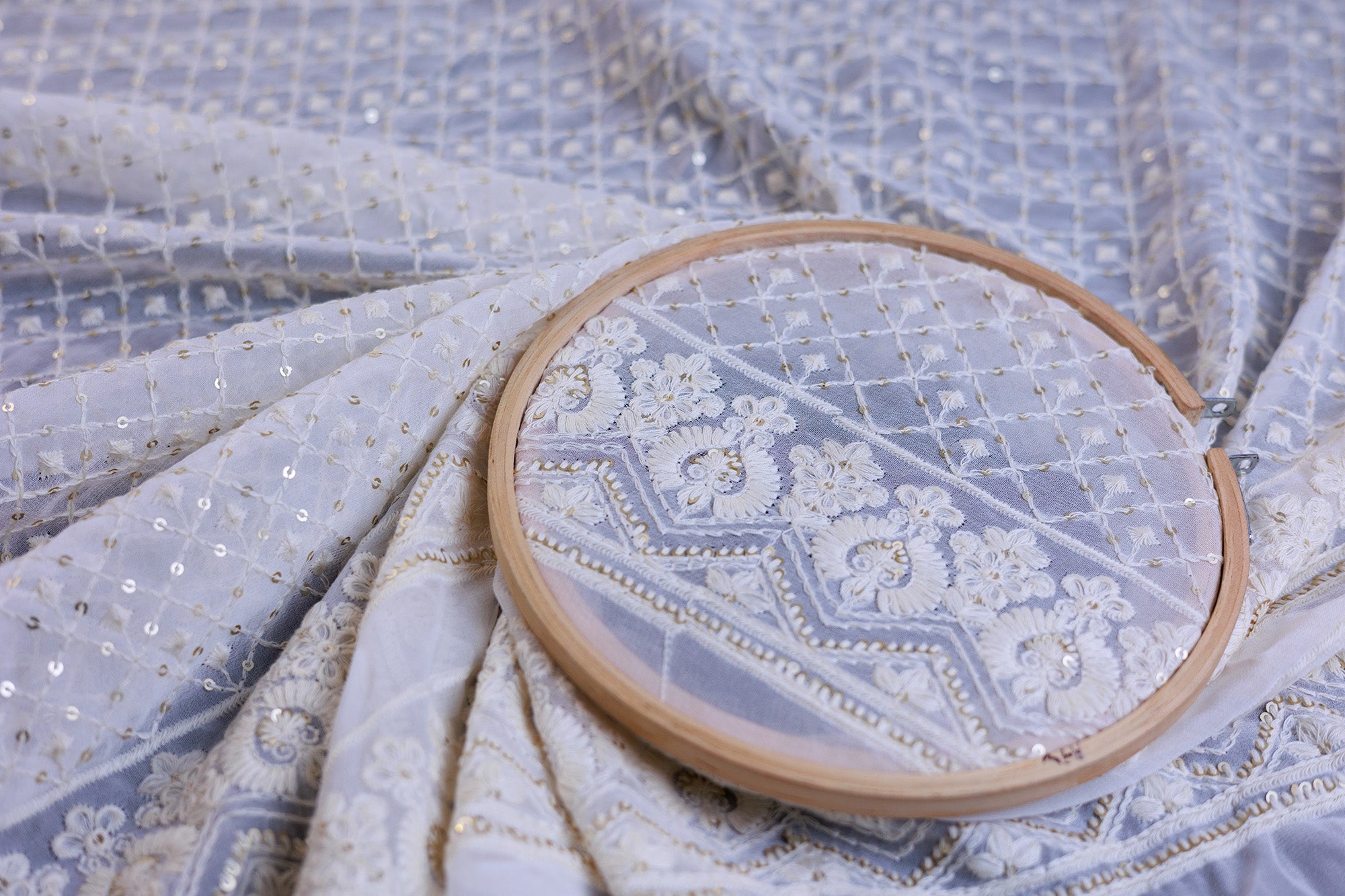 Abstract Pattern Thread & Golden Sequins Work On Embroidered Georgette Fabric With Borders