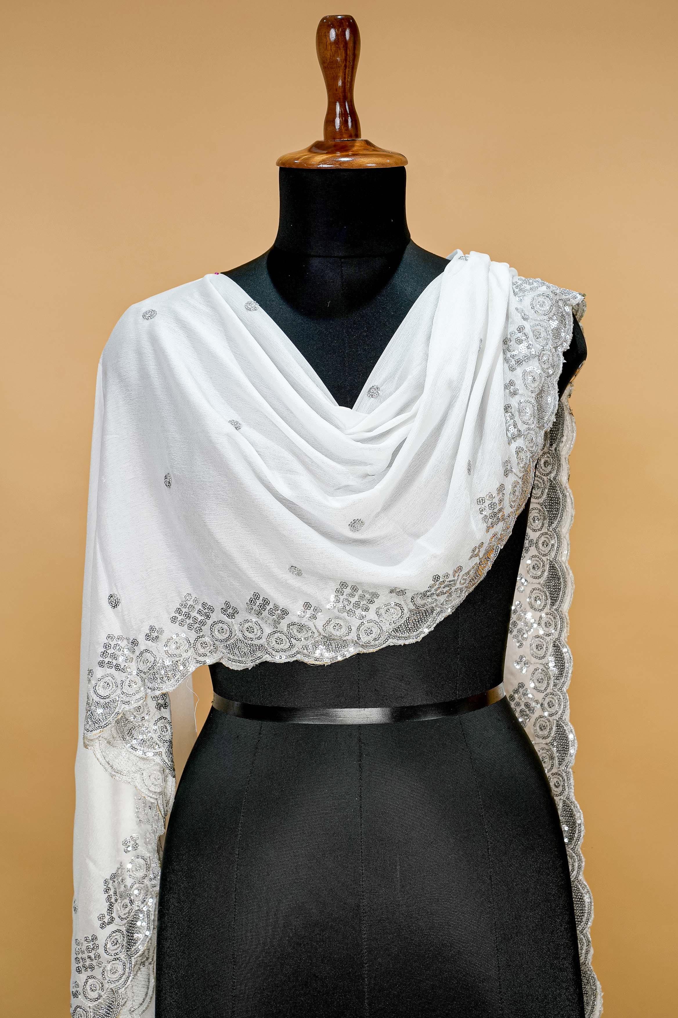 White Dupatta with Thread work, Silver Sequins and Scallop Border