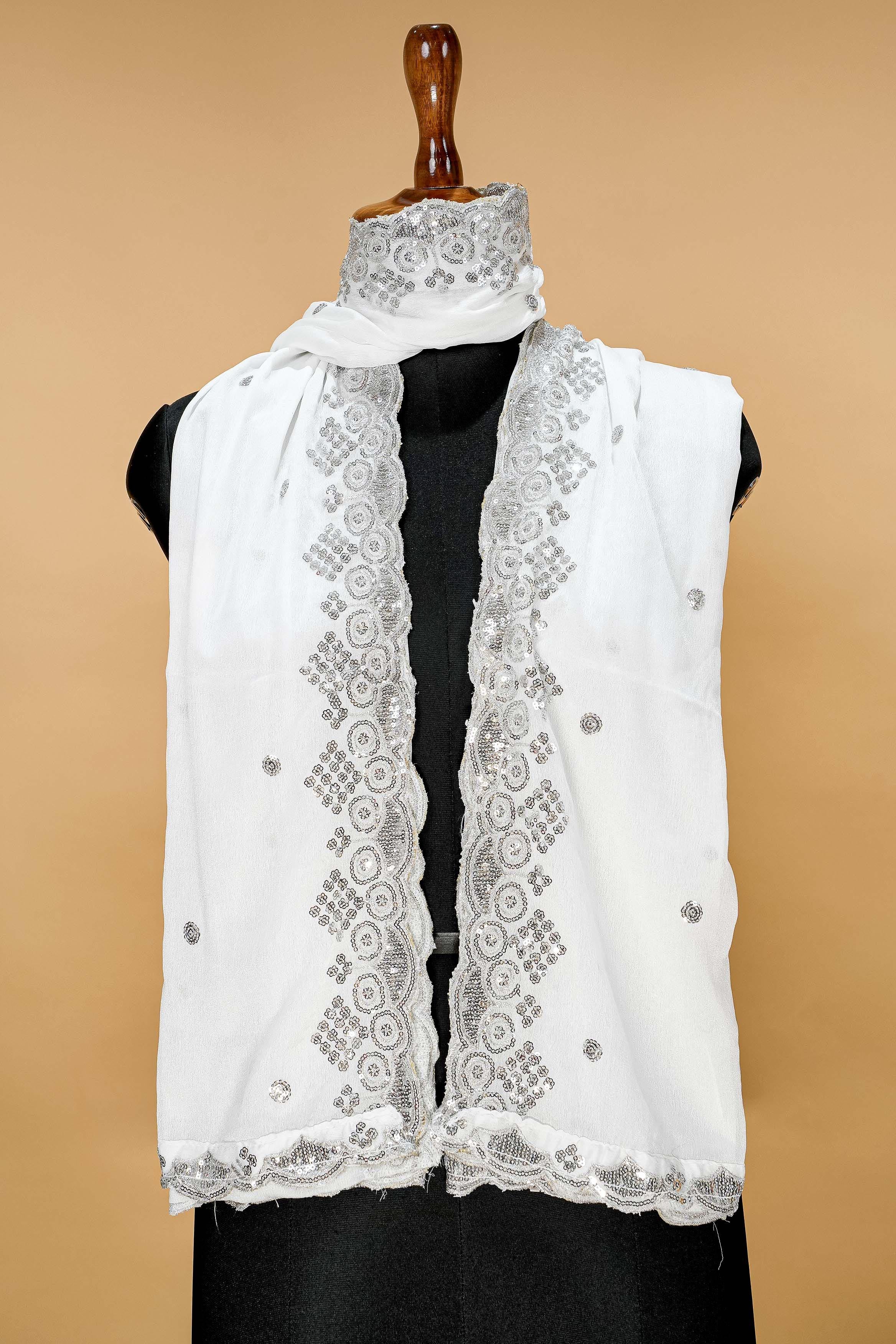 White Dupatta with Thread work, Silver Sequins and Scallop Border