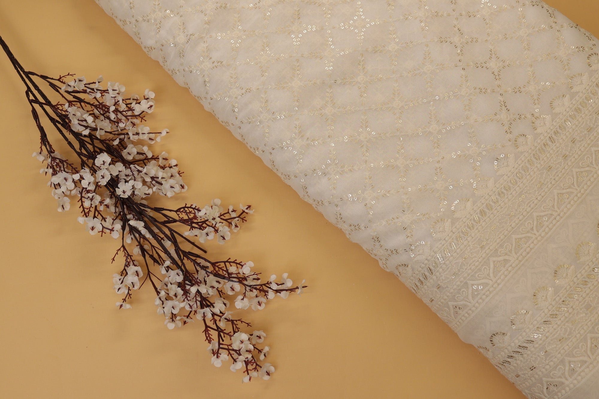 Abstract Pattern Thread & Golden Sequins Work On Embroidered Georgette Fabric With Borders