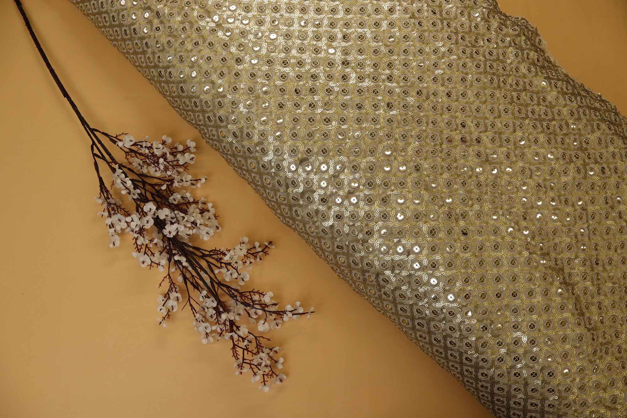 Golden Zari Geometric Georgette with Matt Sequins and Soft Embroidery