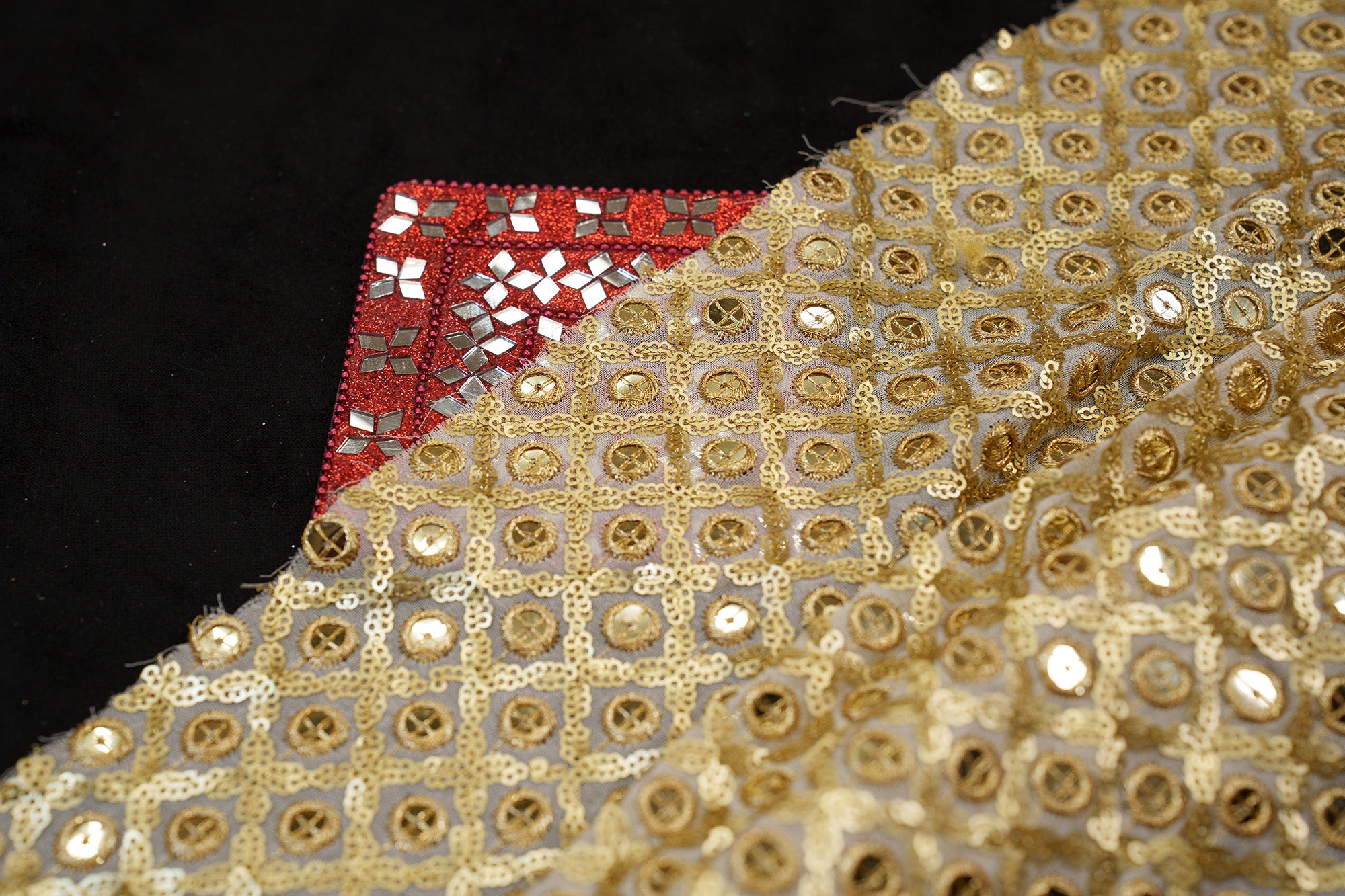 Golden Zari Geometric Georgette with Matt Sequins and Soft Embroidery