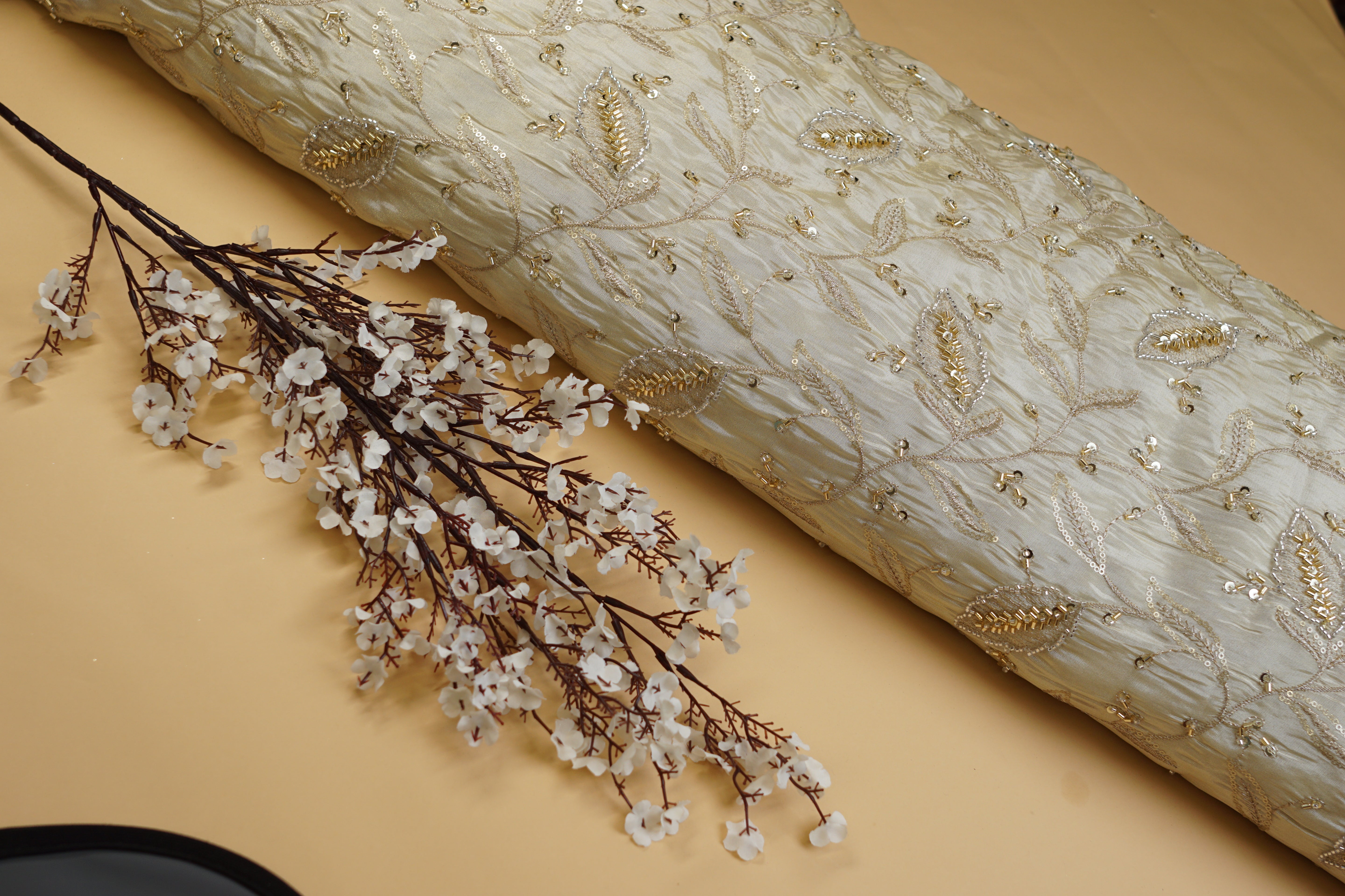 Golden Tissue Fabric With Sequins , Katdana And Zari Elegance