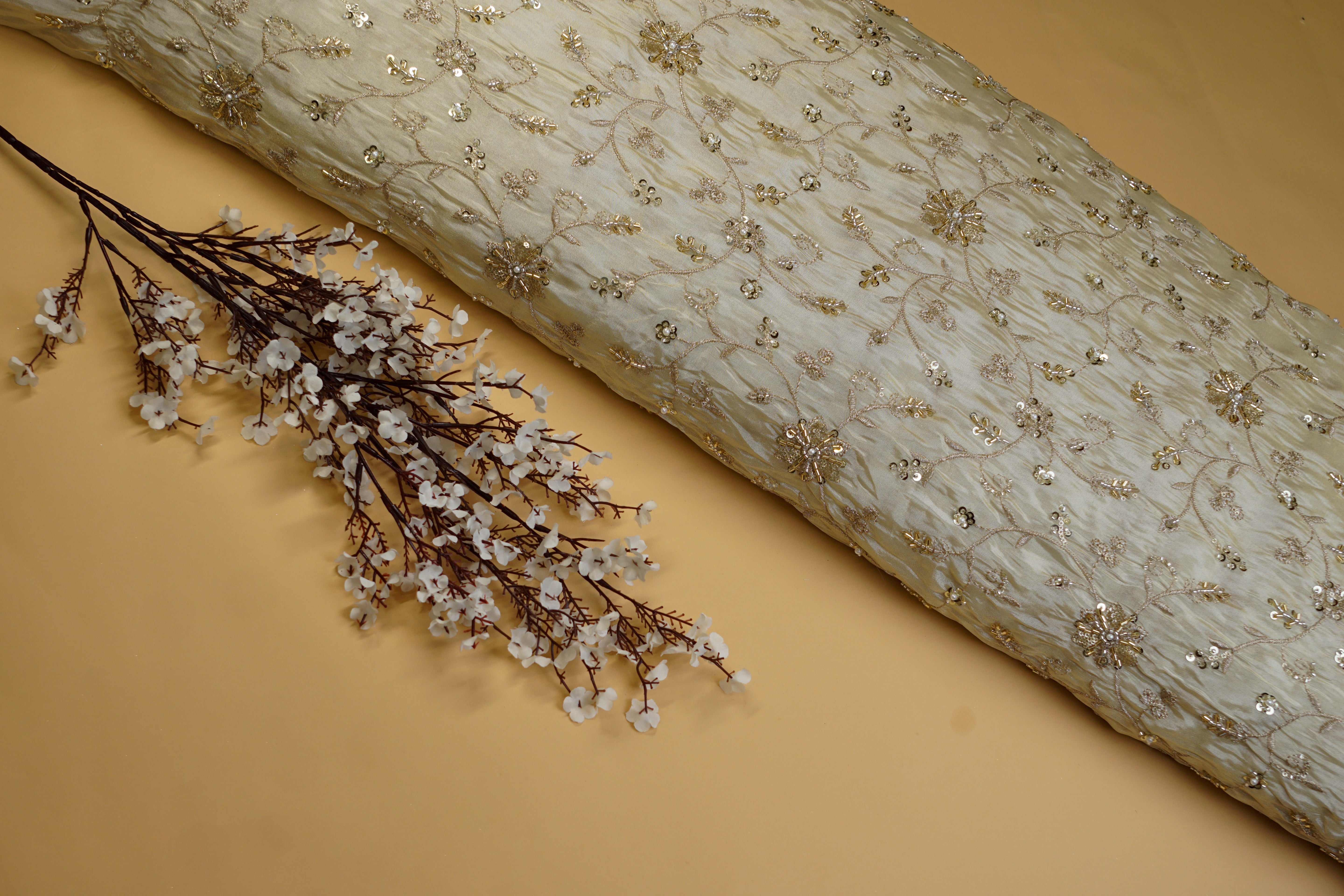 Golden Tissue Fabric With Sequins ,Beads, Katdana And Zari Elegance