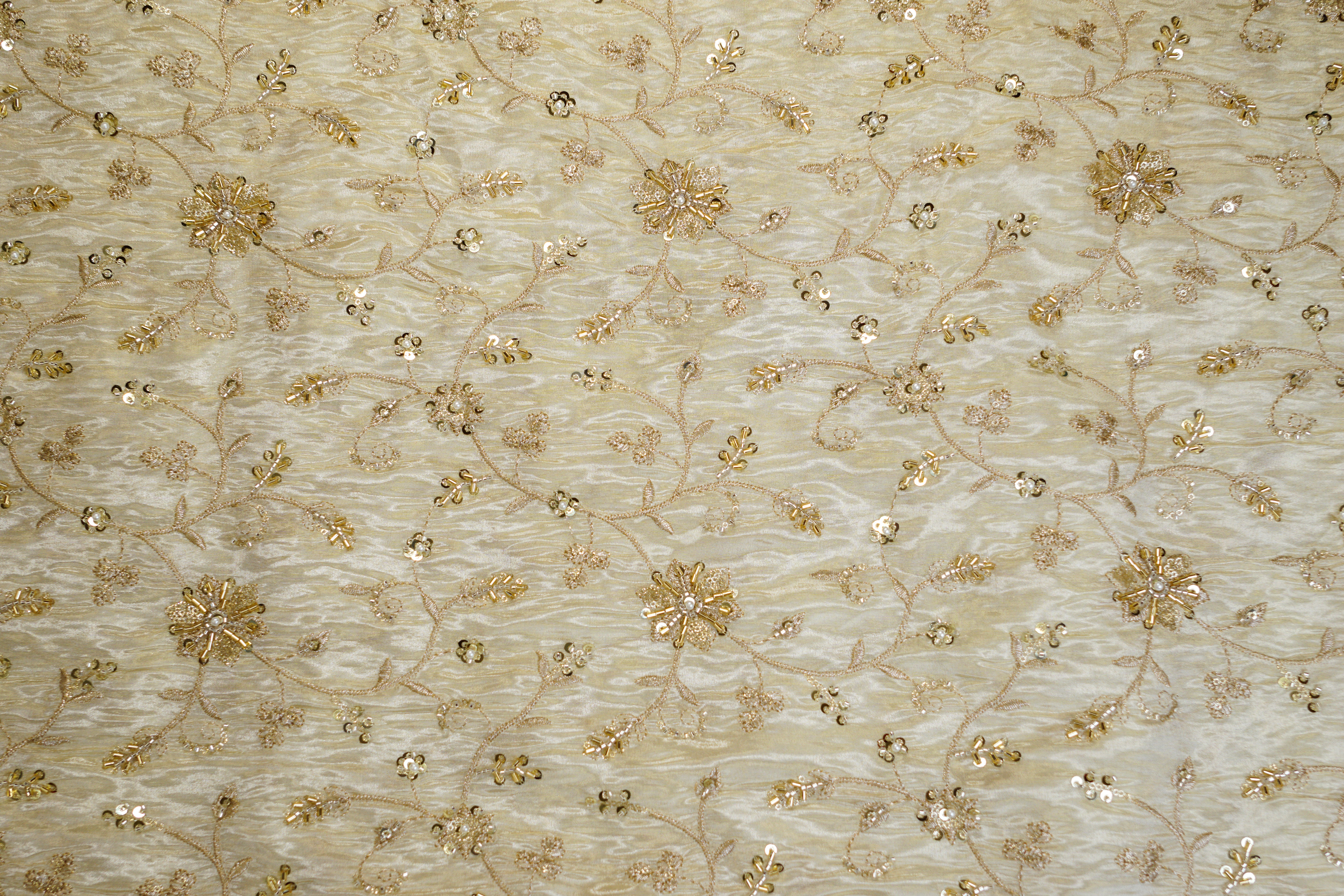 Golden Tissue Fabric With Sequins ,Beads, Katdana And Zari Elegance