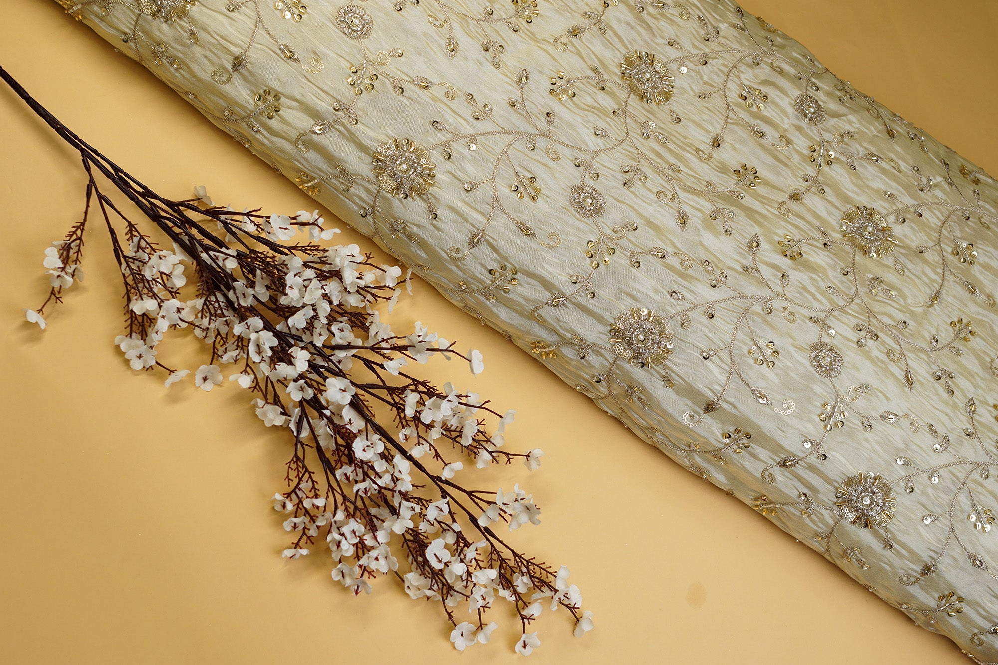 Golden Tissue Fabric With Sequins , Katdana And Zari Elegance