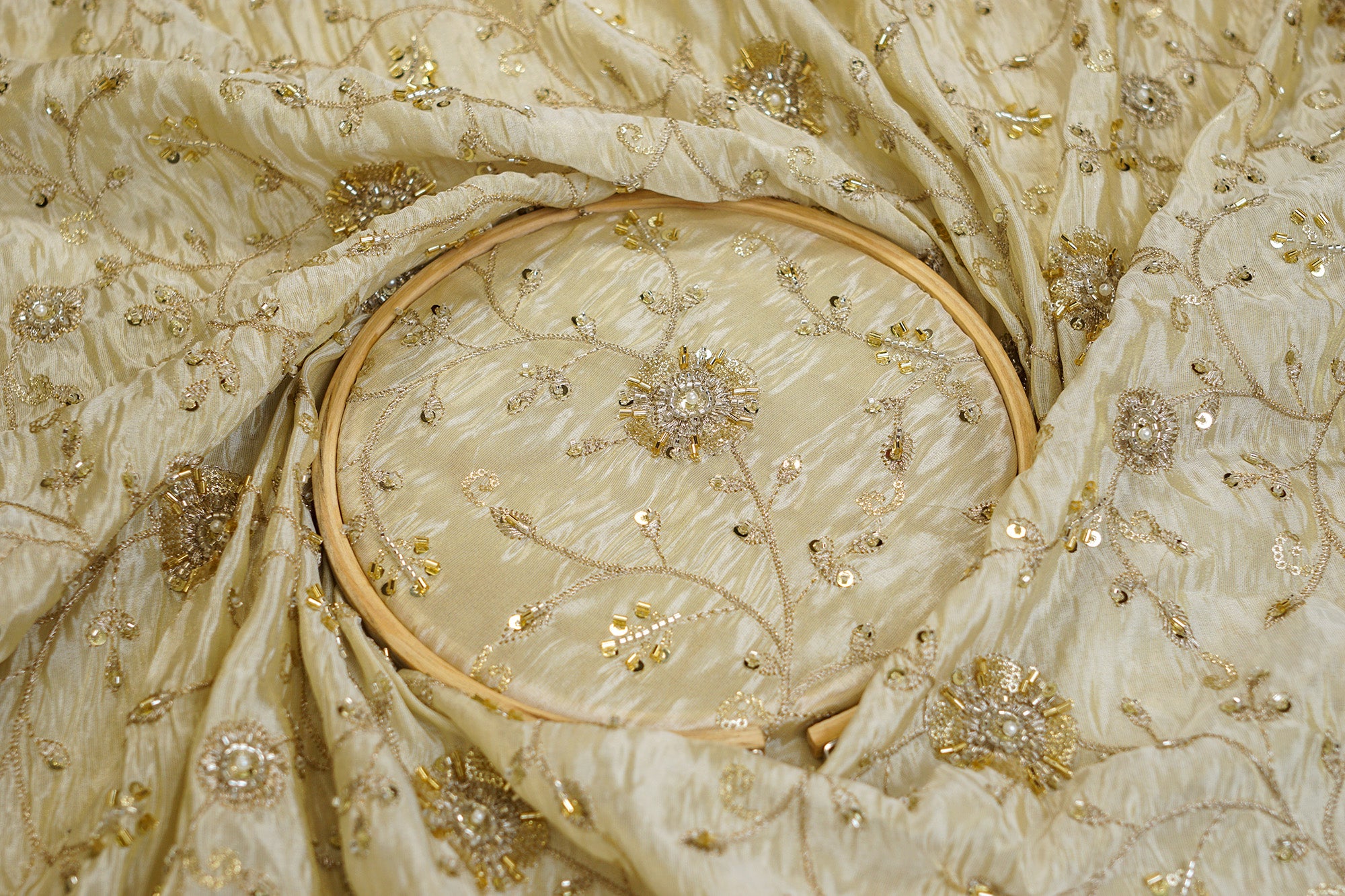 Golden Tissue Fabric With Sequins , Katdana And Zari Elegance