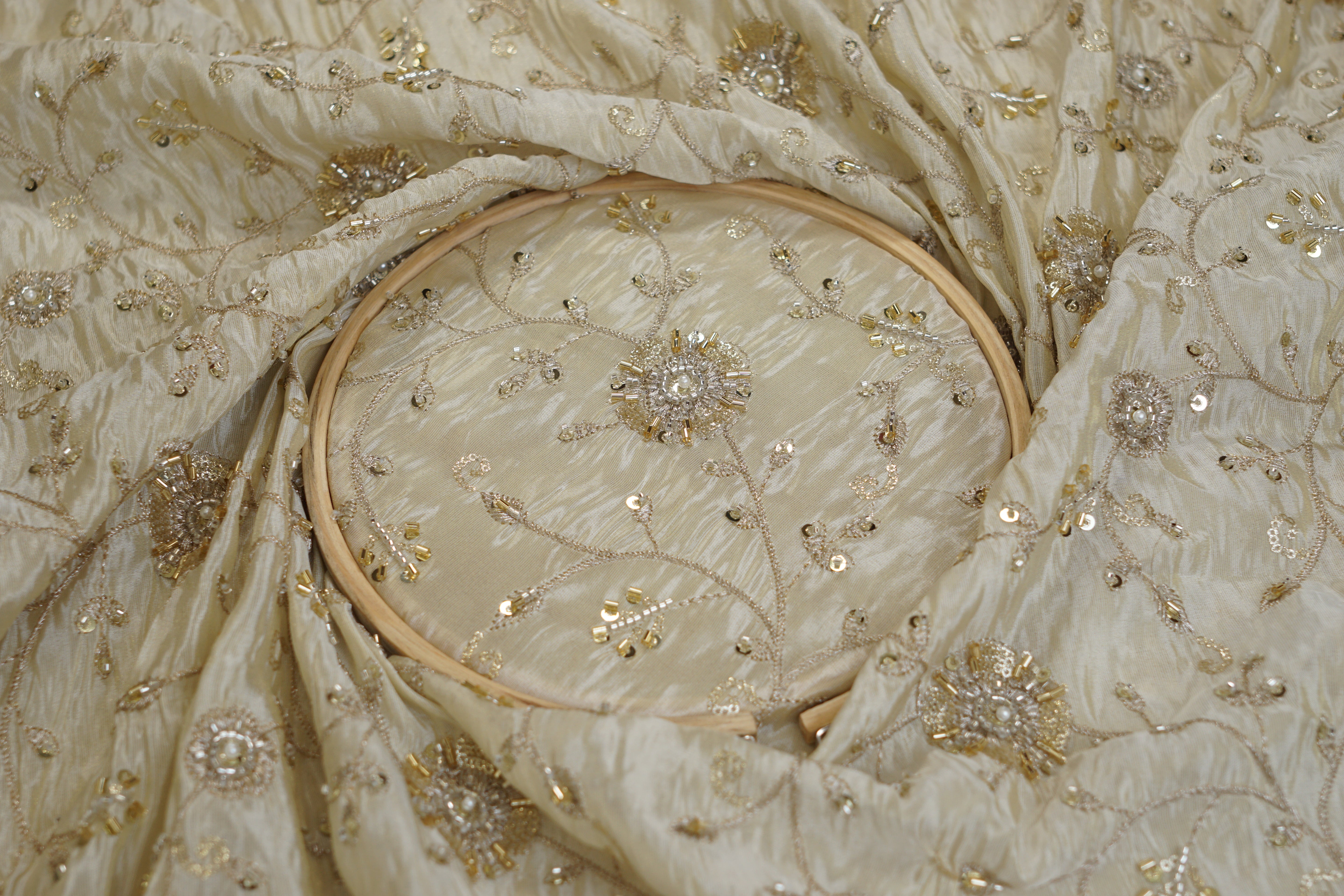 Golden Tissue Fabric With Sequins , Katdana And Zari Elegance