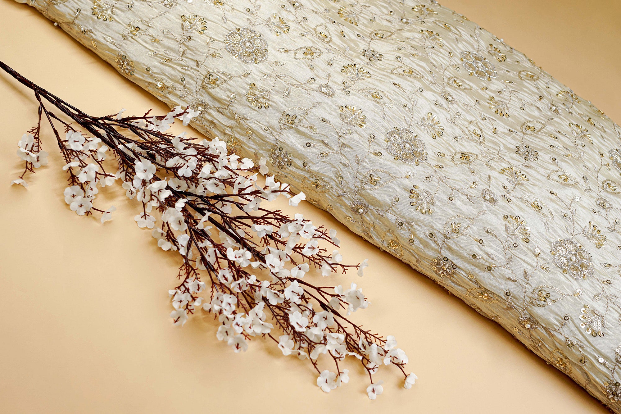 Golden Tissue Fabric With Sequins ,Beads, Katdana And Zari Elegance