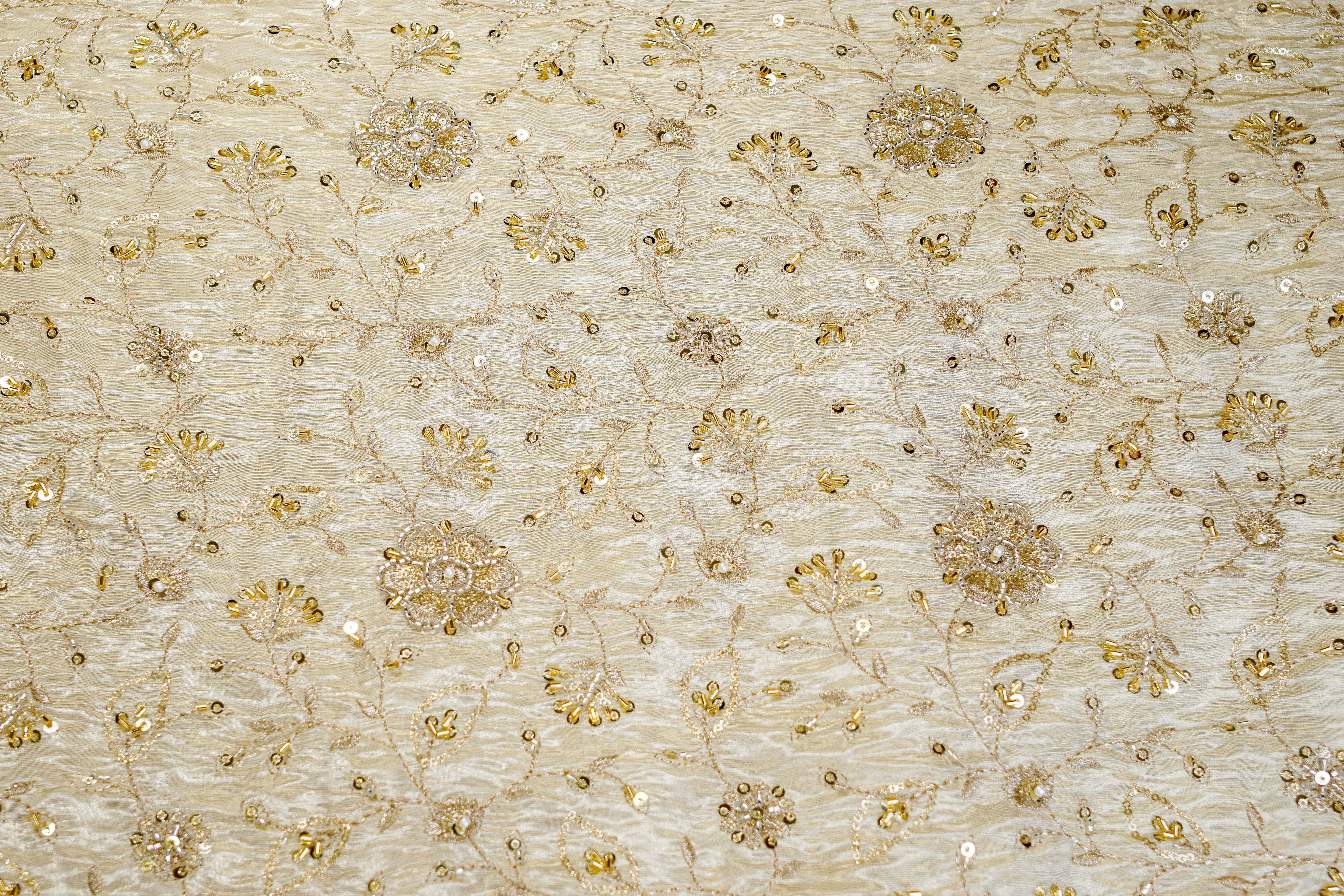 Golden Tissue Fabric With Sequins ,Beads, Katdana And Zari Elegance