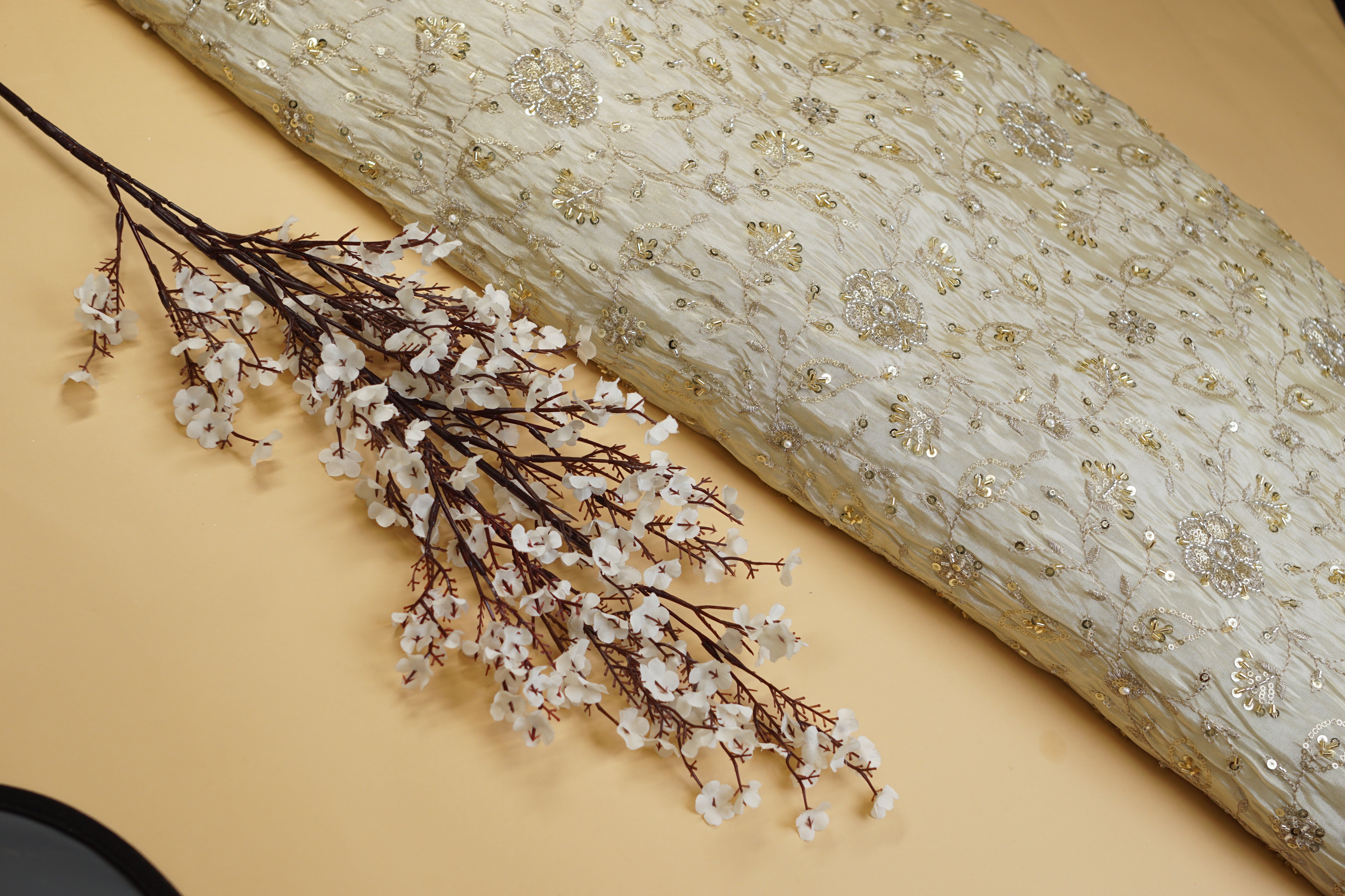 Golden Tissue Fabric With Sequins , Katdana And Zari Elegance