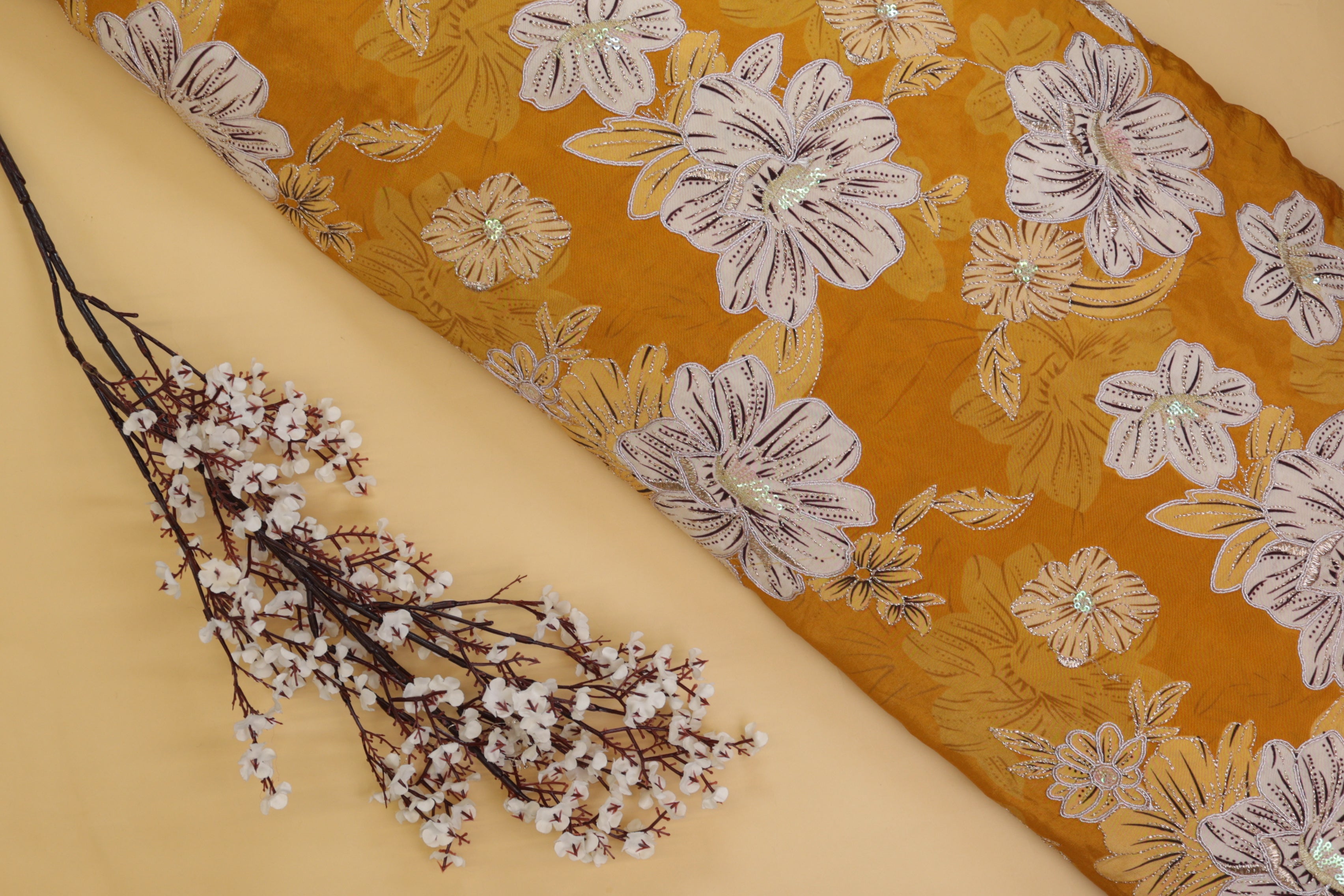 Mustard Floral Crepe with Zari Embroidery and Allover Sequins