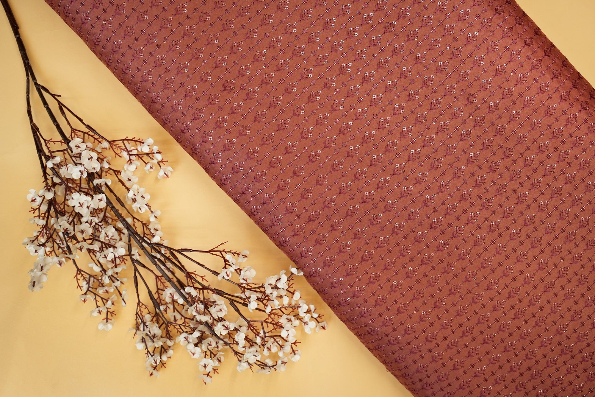 Rust Satin Silk with Geometric Threadwork and Glitter Sequins