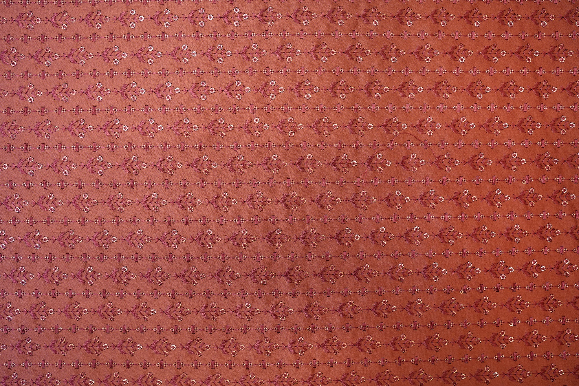 Rust Satin Silk with Geometric Threadwork and Glitter Sequins